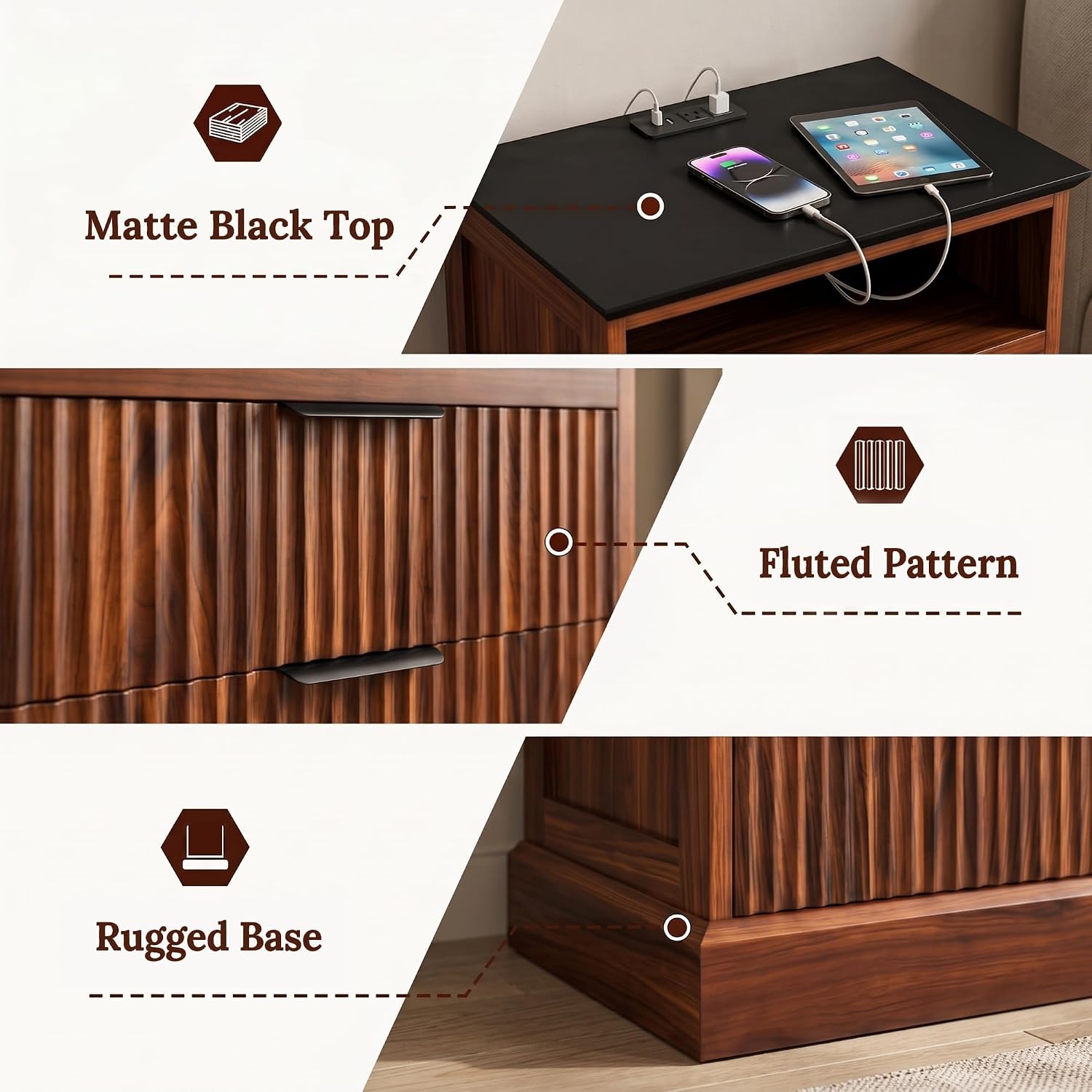 LCRBOL Nightstand with Charging Station, 22" W×18" D×25" H, Walnut | Mid-century, 2 USB ports & 2 outlets, 2 fluted drawers, matte black top, walnut finish, bedroom & living room