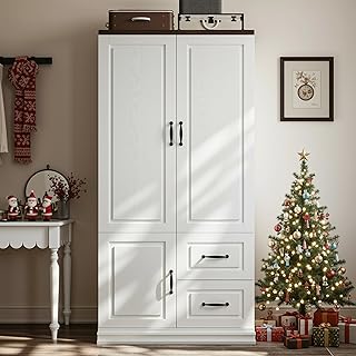 ANCTOR Wardrobe with Drawers, 71.1" H Wooden Closet with 2 Doors and Hanging Rod for Hanging Clothes, Tall Bedroom Freestanding Armoire Storage Cabinet, Stand Alone Clothing Organizer Closet, White