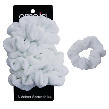Amelia Beauty, White Velvet Scrunchies, Medium 3.5in, Gentle on Hair, Strong Hold, No Snag, No Dents or Creases. 8 Pack