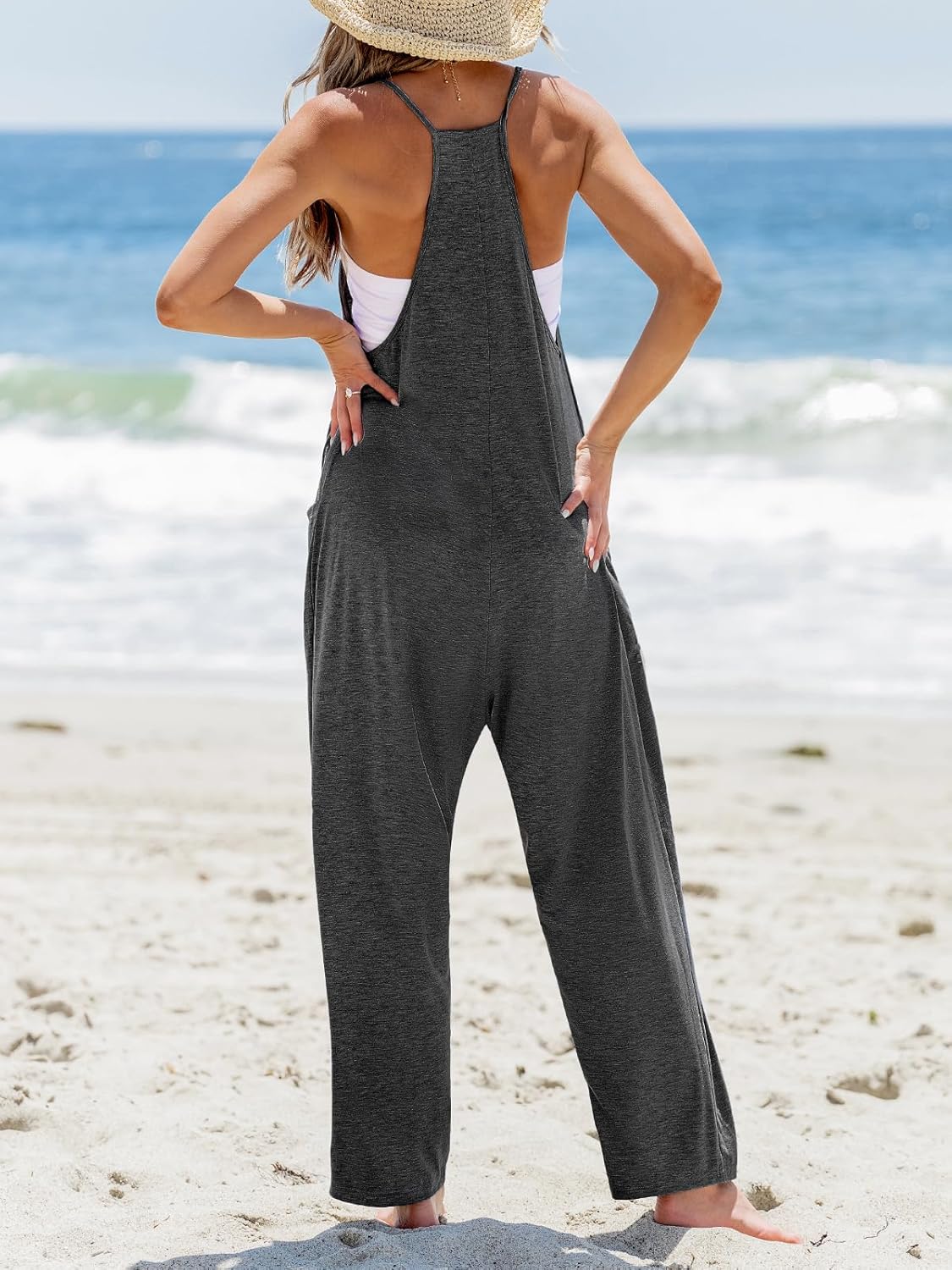 CUPSHE Women's Casual V Neck Spaghetti Straps Jumpsuit Sleeveless Baggy Long Pants Overall Outfit with Pockets - Image 4