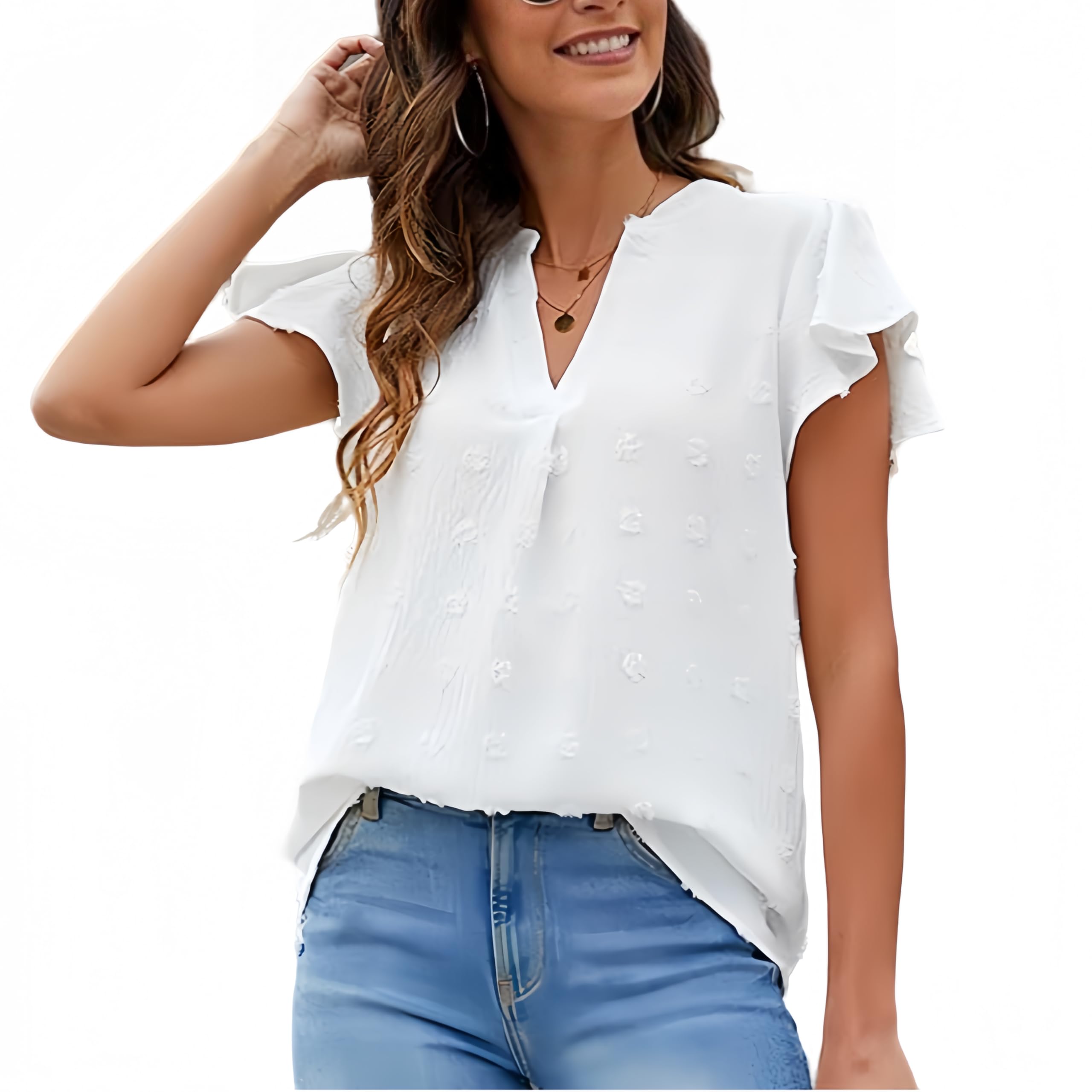 Satohom Mujer Camisetas Manga Corta con Volantes Cuello V Blusas Tops Camisa de Jacquard Gasa Verano Elegante Camiseta Suelta Casual Blusa Camisa de Moda T Shirts Túnica Básica Color Sólido
