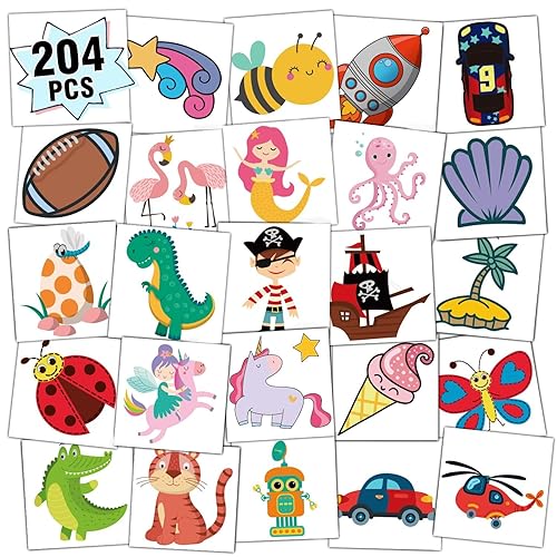Partywind Tatuajes temporales para niños, 204 calcomanías de tatuaje falsas para niños, suministros de fiesta, decoraciones sorpresas de cumpleaños