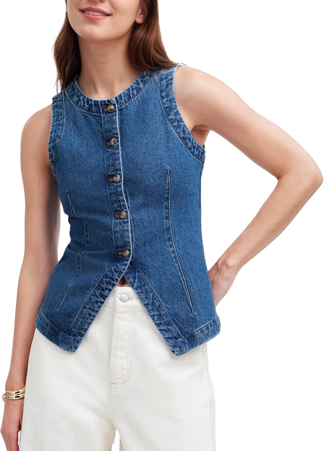 Women's Denim Vest Sleeveless Button Down Casual Jean Crewneck Waistcoat Denim Top