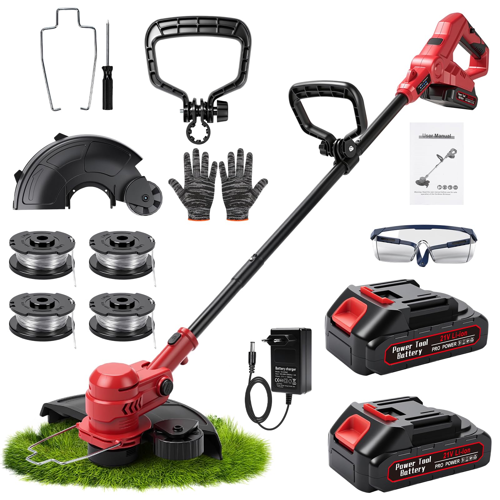 Desbrozadora de 21 V con 2 baterías de 1500 mAh, 16000 RPM, pértiga telescópica, desbrozadora y perfiladora 2 en 1, Incluye Cuerda de Corte de 4 x 4 m, para Recortar césped, Bordes y Malas Hierbas