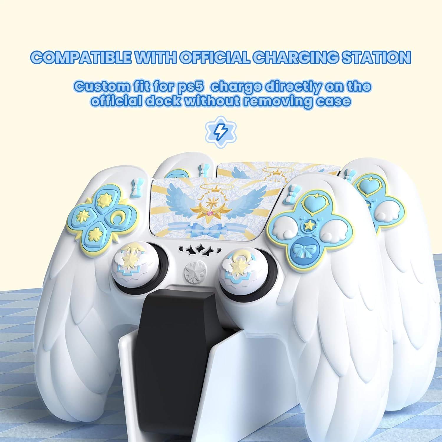 PlayVital Magic Wings Protective Silicone Cover Skin for ps5 Controller – Soft Anti-Slip Grip Protector Case for ps5 Controller with Thumbstick Caps & Stickers, Charging Station Compatible - White - Image 2