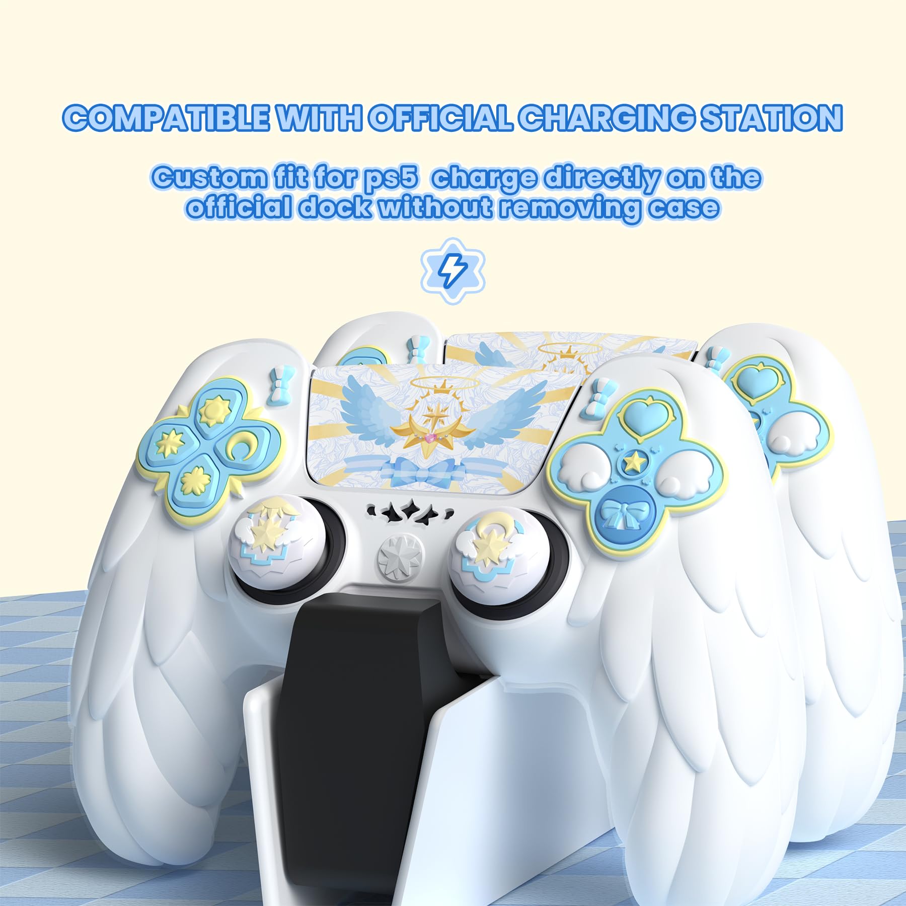 playvital Cover Controller per ps5 Joystick Custodia Silicone Skin Protettivo Grip Antiscivolo & Copri Analogici & Adesivi Carini, Adatto per ps5 Base di Ricarica, Ali Magiche-Bianco