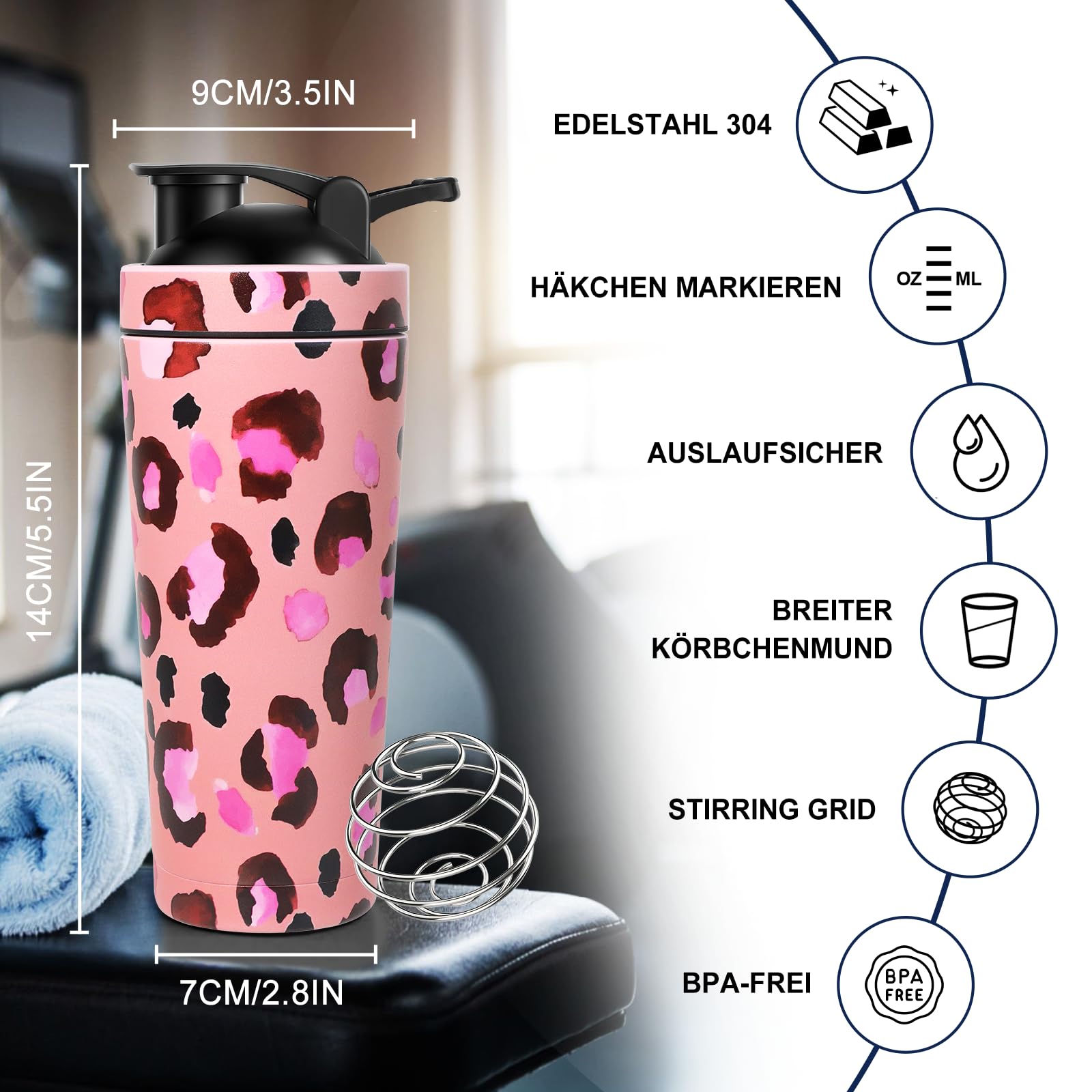 Eiweiß Shaker mit Kugel, 750ml Shaker Edelstahl, Protein Shake Edelstahl, Eiweißshaker, Tragbarer Workout Wasserbecher, BPA Free/Leak Proof, für Sport, Fitness, Eiweiß