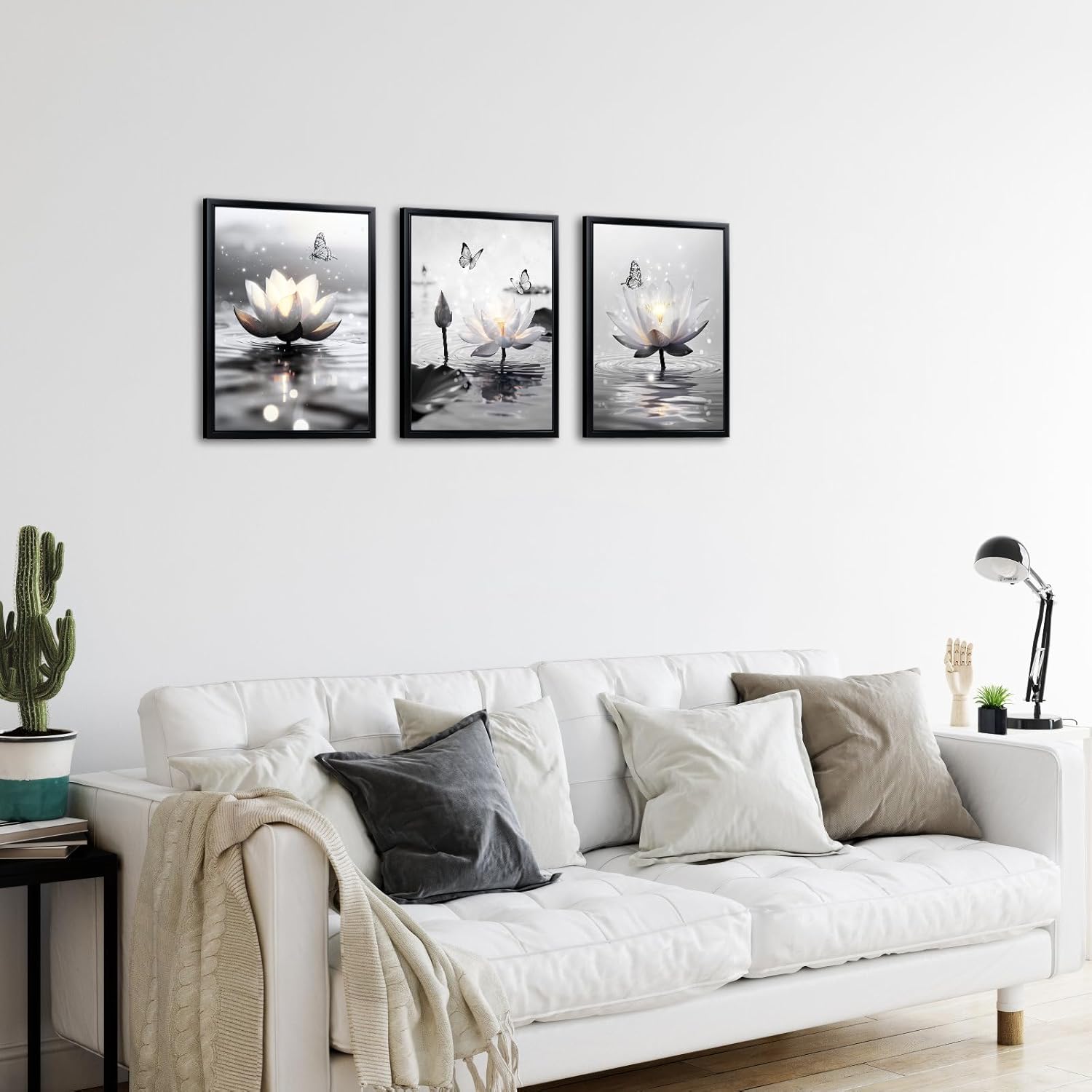 Saypeacher Lotus Flower Framed Wall Art Black and White Wall Decor Zen Spiritual Decor Meditation Yoga Spa Artwork Butterfly Canvas Prints for Bathroom