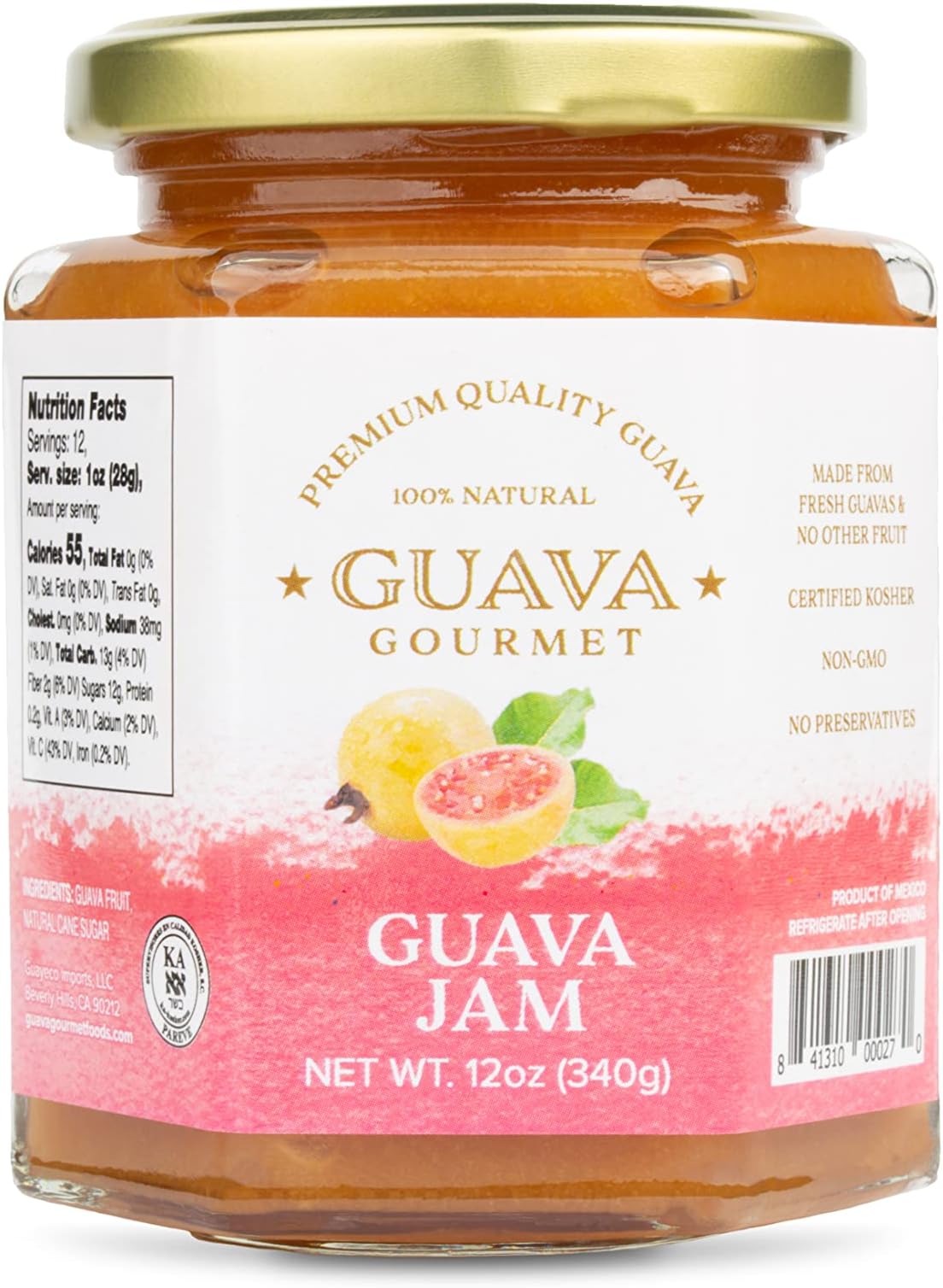 Guava Gourmet Guava Jam (12oz, Jar), Fresh Tropical Guava Fruit Jam, All-Natural, Non-GMO, Vegan, Gluten and Cholesterol-Free Premium Artisan Craft Jam, No Fillers or Preservatives, Certified Kosher