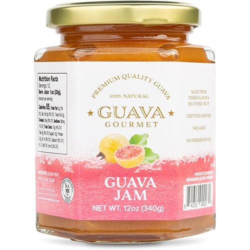 Guava Gourmet Guava Jam (12oz, Jar), Fresh Tropical Guava Fruit Jam, All-Natural, Non-GMO, Vegan, Gluten and Cholesterol-Free Premium Artisan Craft Jam, No Fillers or Preservatives, Certified Kosher