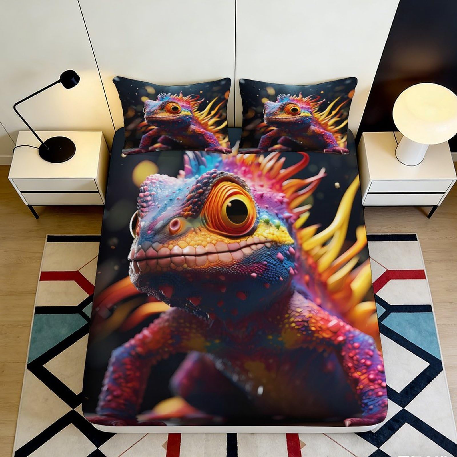 Pnayamiorkfel Style-3 3D Printed Vibrant Chameleon Fitted Sheet Microfiber Soft Lizard Art Mattress Cover Bedroom Dorm Decor Easy Care 90X200x25cm