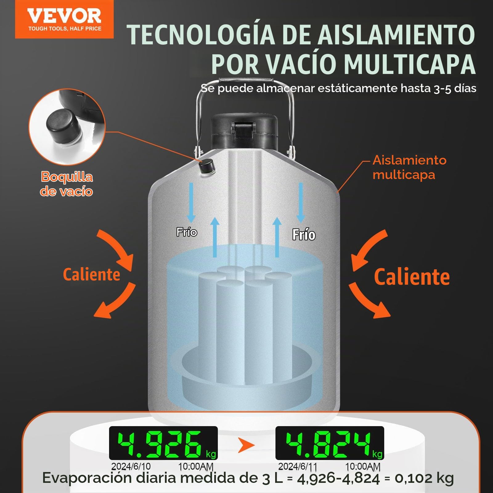 VEVOR Tanque de Nitrógeno Líquido Contenedor de Nitrógeno Líquido de Aleación de Aluminio de 3 L, Tanque LN2 con 6 Botes y Bolsa de Transporte con Correas para Conservación de Semen, Científico