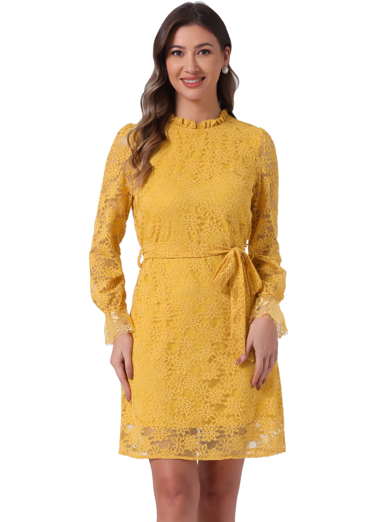 Allegra K Women's Cocktail Elegant Ruffle Crew Neck Floral Lace Shift Dress