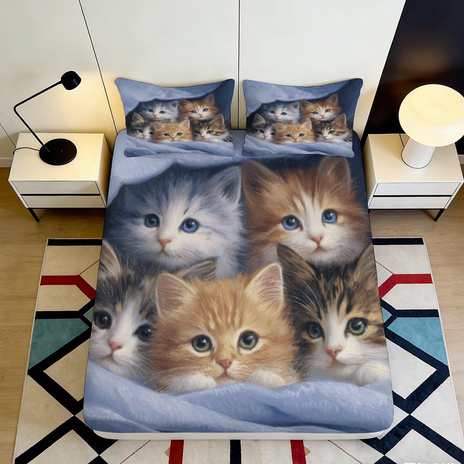 3D Printed Cute Kitten Fitted Sheet Microfiber Soft Breathable Cat Face Mattress Cover for Bedroom Dorm Mattress Protection Decor 180x200x25cm