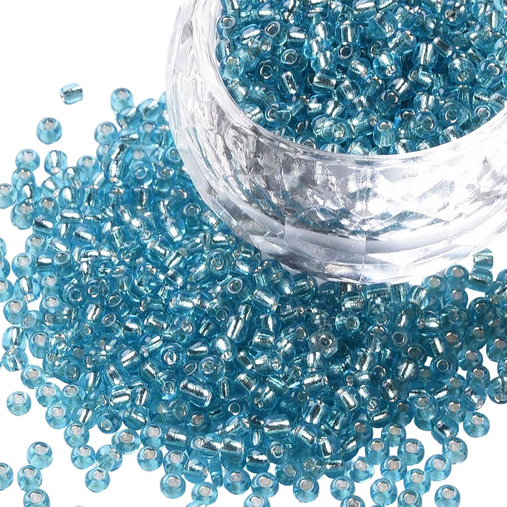 PONABEADIY 1 Box 2MM 3000PCS Turquoise Glass Seed Beads with Hole Silver Lined Transparent Mini Pony Round Clear Loose Spacer Bead Bulk for Jewellery Making Necklace Bracelet Earrings Diy Craft Supply