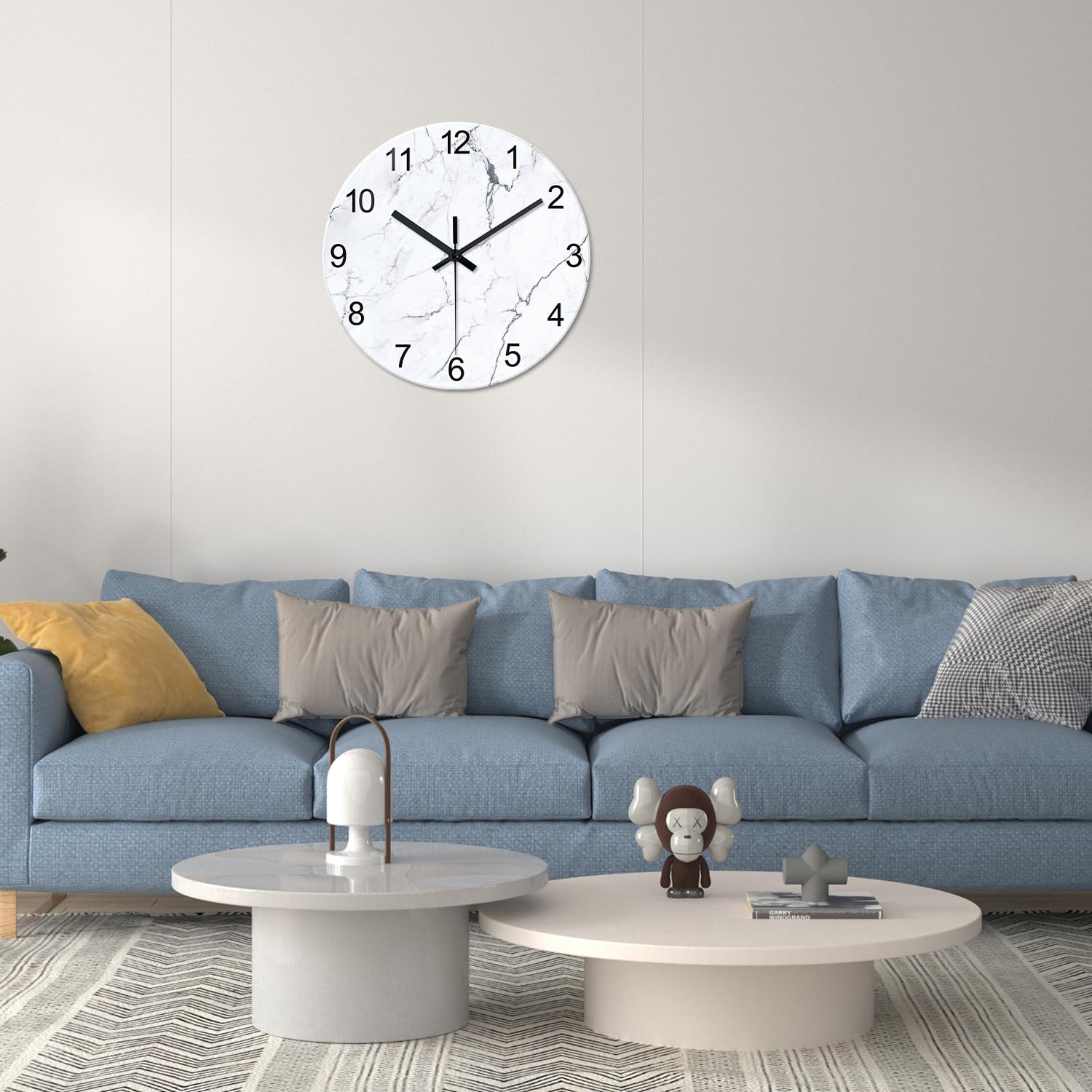 Modren Weiße Marmor-Glas-Wanduhren, batteriebetrieben, 35,6 cm, abstrakte dekorative Wanduhren, rund, minimalistisch, geräuschlos, Wanduhr für Wohnzimmer