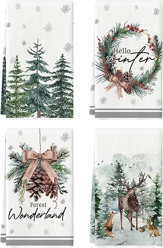Miniatura 1 de Artoid Mode Juego de 4 toallas de cocina de invierno con diseño de conos de pino de Elk Trees de 18 x 26 pulgadas, diseño de conos de pino y bayas