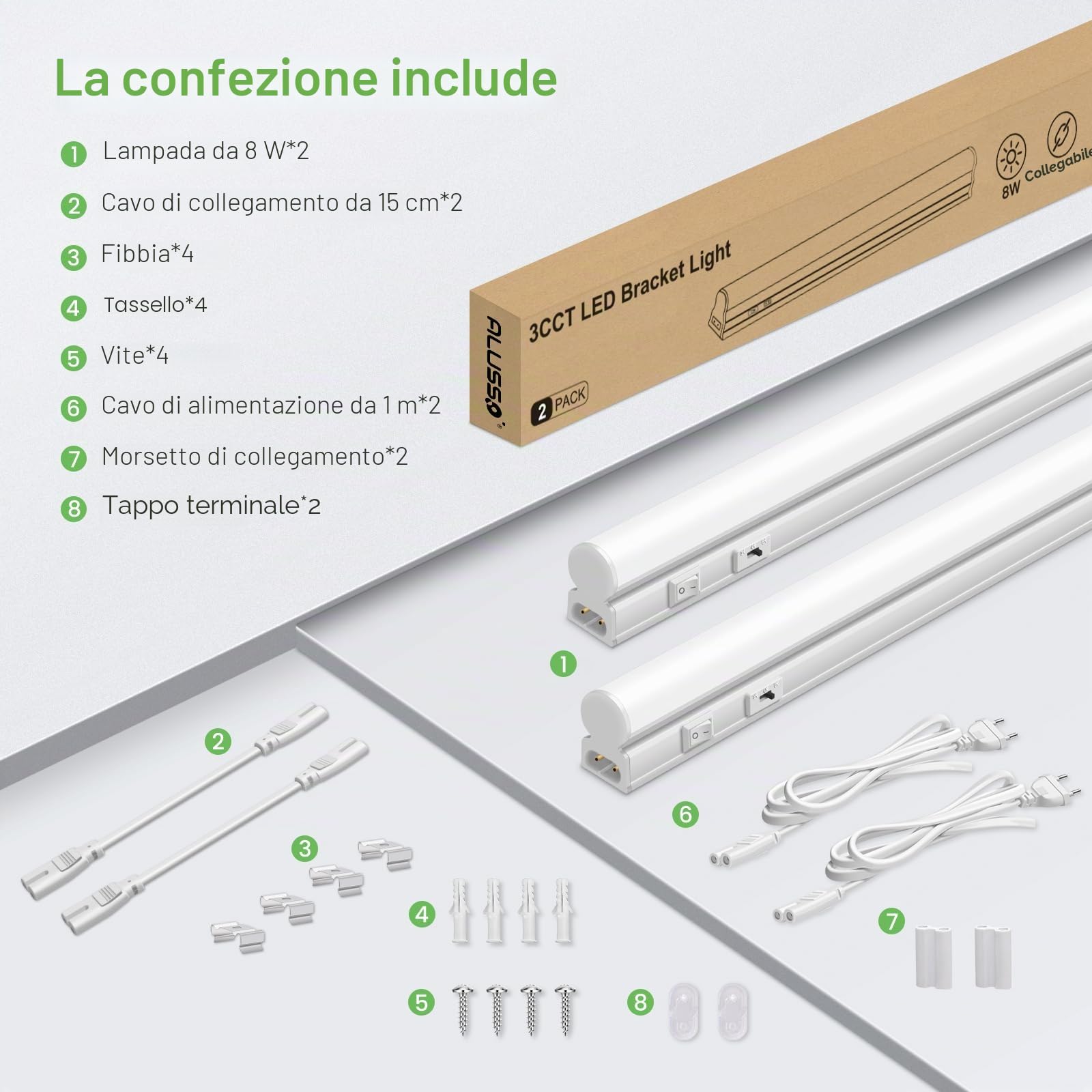 ALUSSO Luci LED per Cucina 12W 1200lm, 3CCT 3000K 4000K 6500K, Illuminazione Sotto Mobile con Interruttore e Cavo, Lightbar LED 88cm 230V, Barra Luce Bianca per Pensili Set di 2