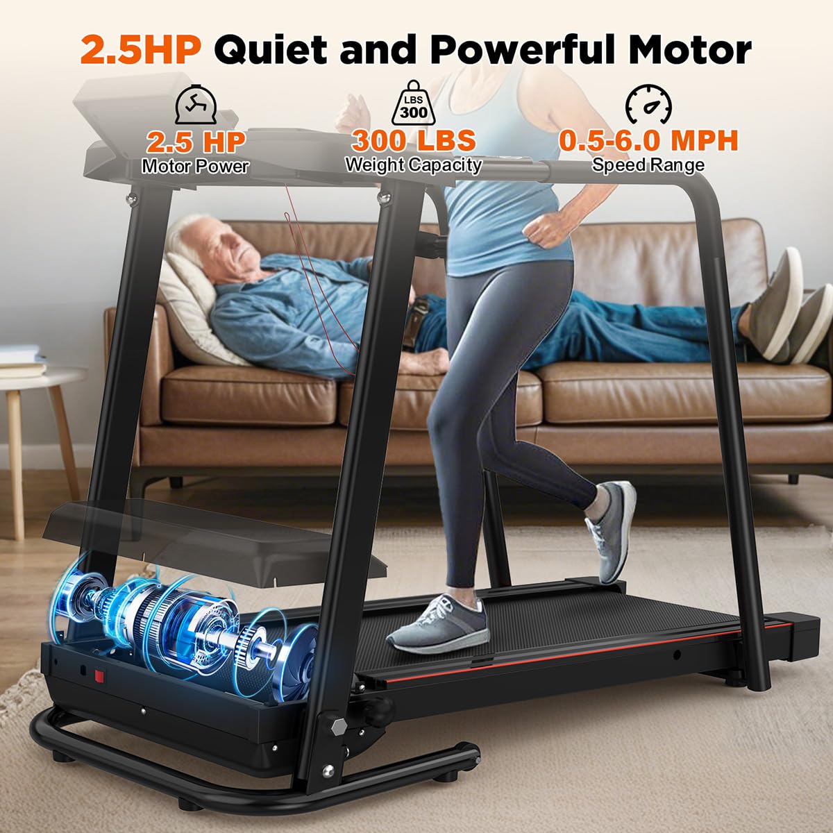 Tapis roulant Clover S200 con lunghi corrimano di sicurezza, velocità regolabile e schermo LCD di facile lettura. Speciale per anziani e riabilitazione. Superficie antiscivolo.