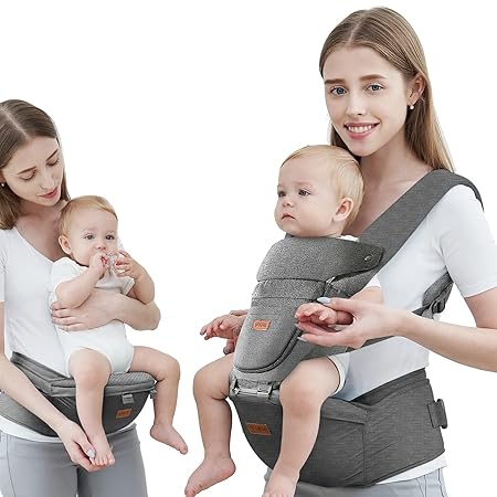 Baby Carrier with Hip Seat, Baby Carrier Newborn to Toddler up to 44lbs, 6-in-1 Ways to Carry, All Seasons, Adjustable Baby Holder Carrier for Breastfeeding(Grey)