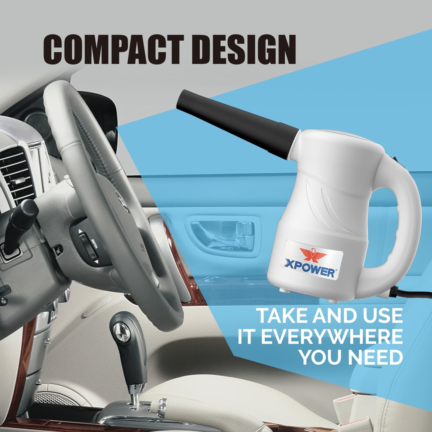 XPOWER Spazzola ad Aria Elettrica per Rimozione Polvere, Asciugatura, Gonfiaggio, Pulizia Auto, Computer, Soffio Foglie (Bianco, A-2S)