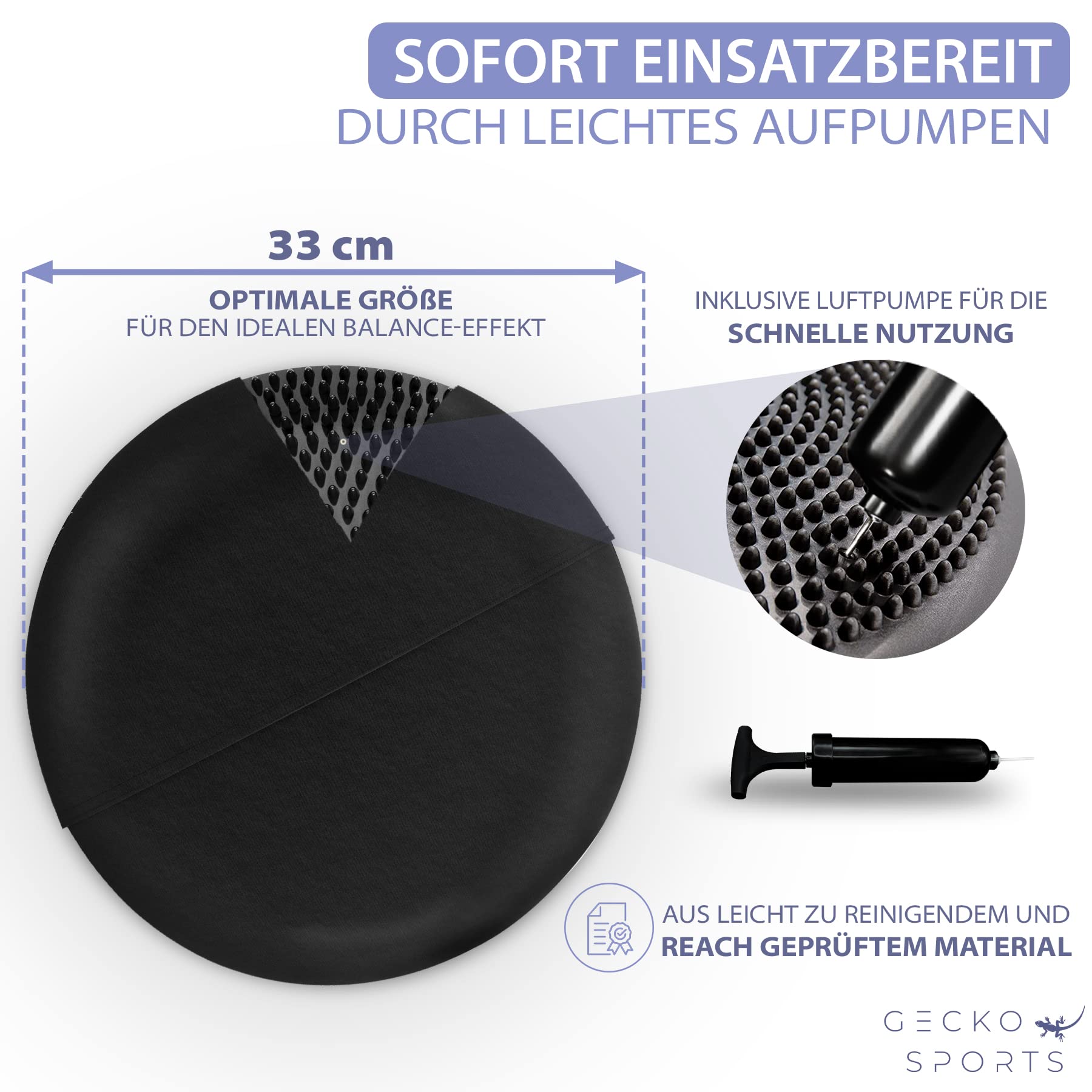 Balancekissen mit und ohne Bezug 33 cm schwarz – weiches Ballsitzkissen inkl. Pumpe, Turnbeutel & eBook – Premium Sitzkissen für Büro & Fitness – ergonomisches Luftkissen