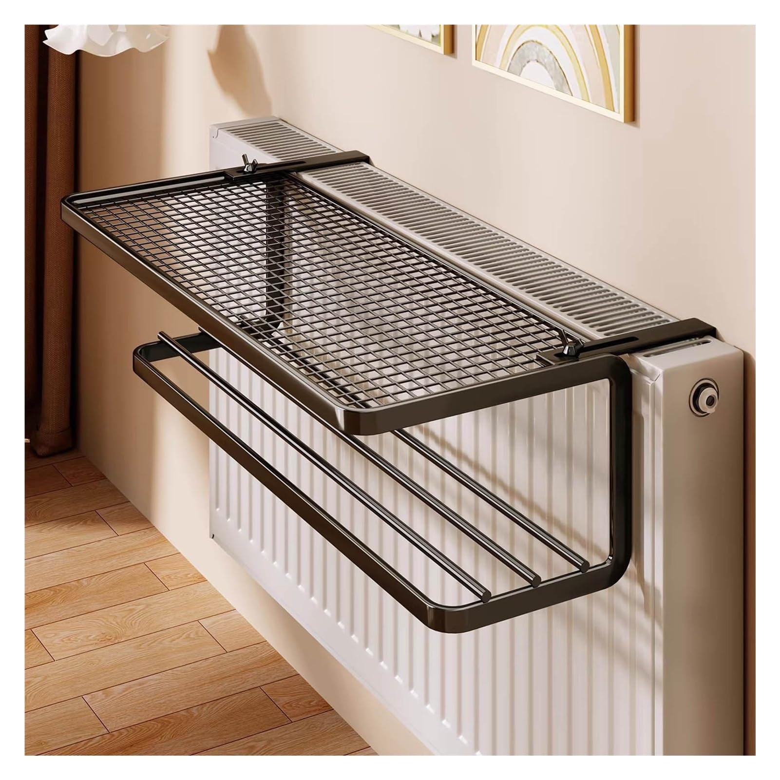 Floating Radiator Storage Shelf Rack Iron Radiator Shelf Clothes Drying Rack Black 2 Shelves No Drilling 13.7-21.6in(21.6in/55cm)