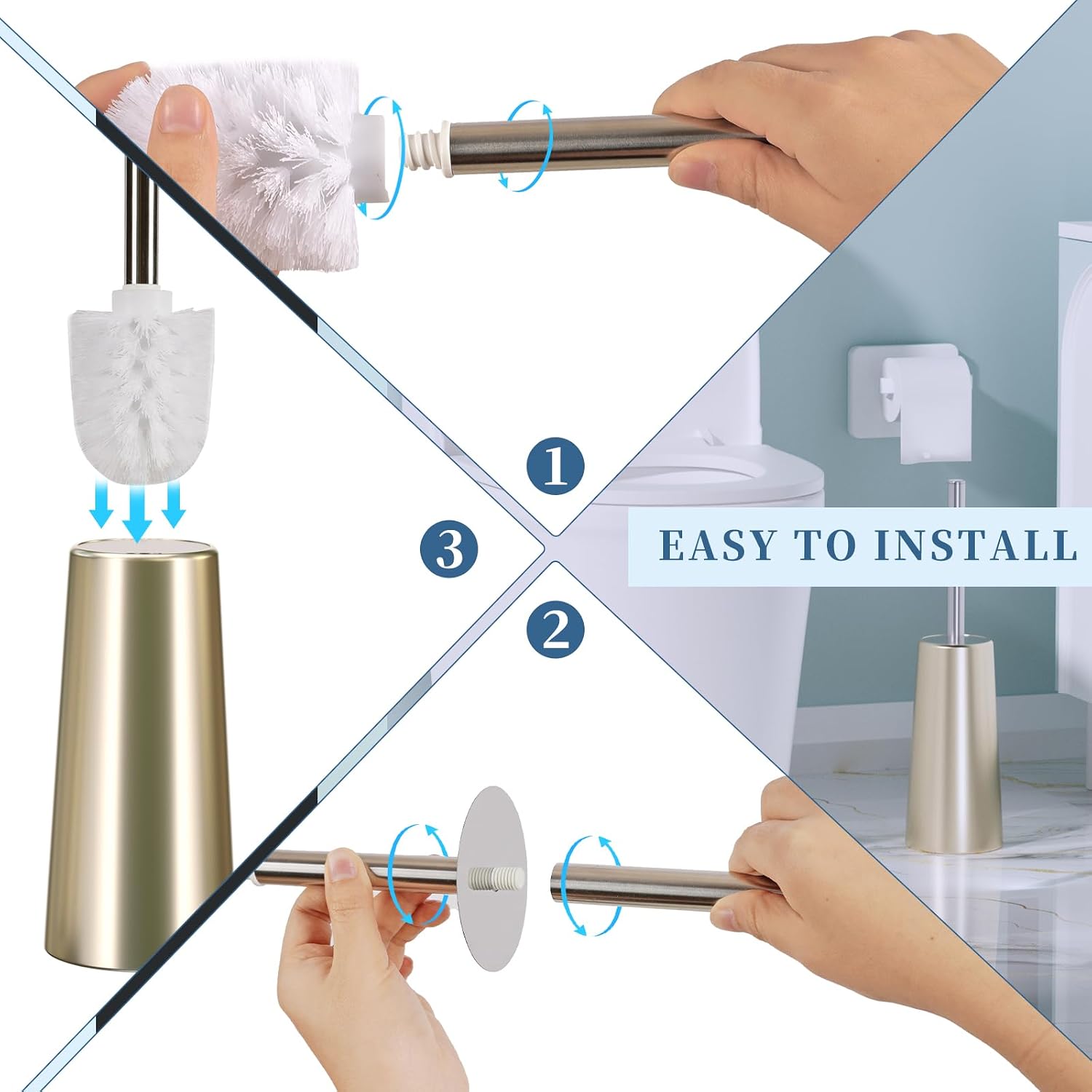 2 Pack Toilet Brush and Holder-with 304 Stainless Steel Long Handle-Toilet Bowl Brush for Bathroom (Champagne Gold)