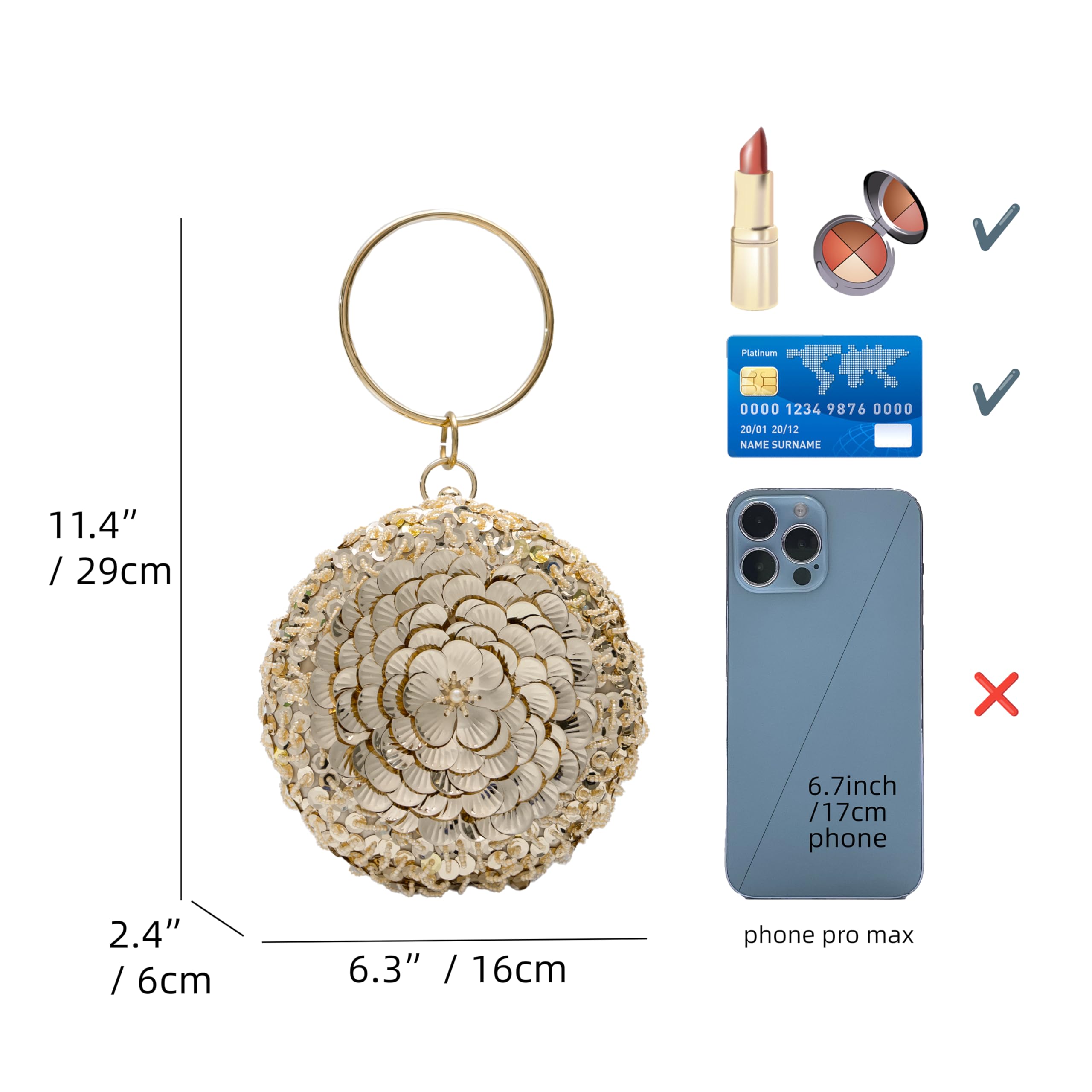 lapulio Women's Elegant Round Beaded Floral Sequin Evening Bag for Weddings, Parties, Formal Events and Outings(Champagne)