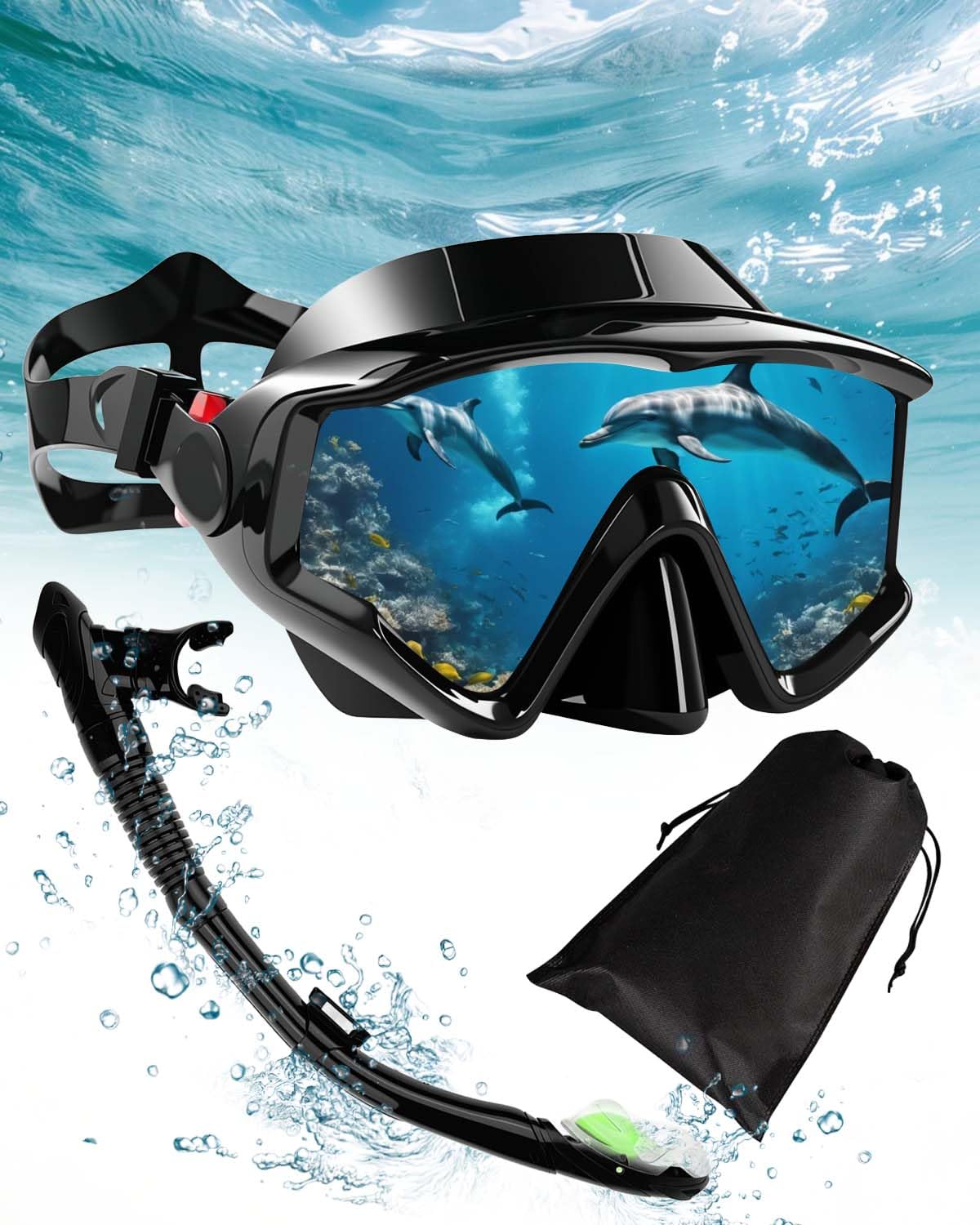 Lorrtta Adult Snorkel Set with Dry Top System, 180° Panoramic Tempered Glass Snorkel Mask, Anti-Fog Snorkeling Gear for Adults Men & Women – Black