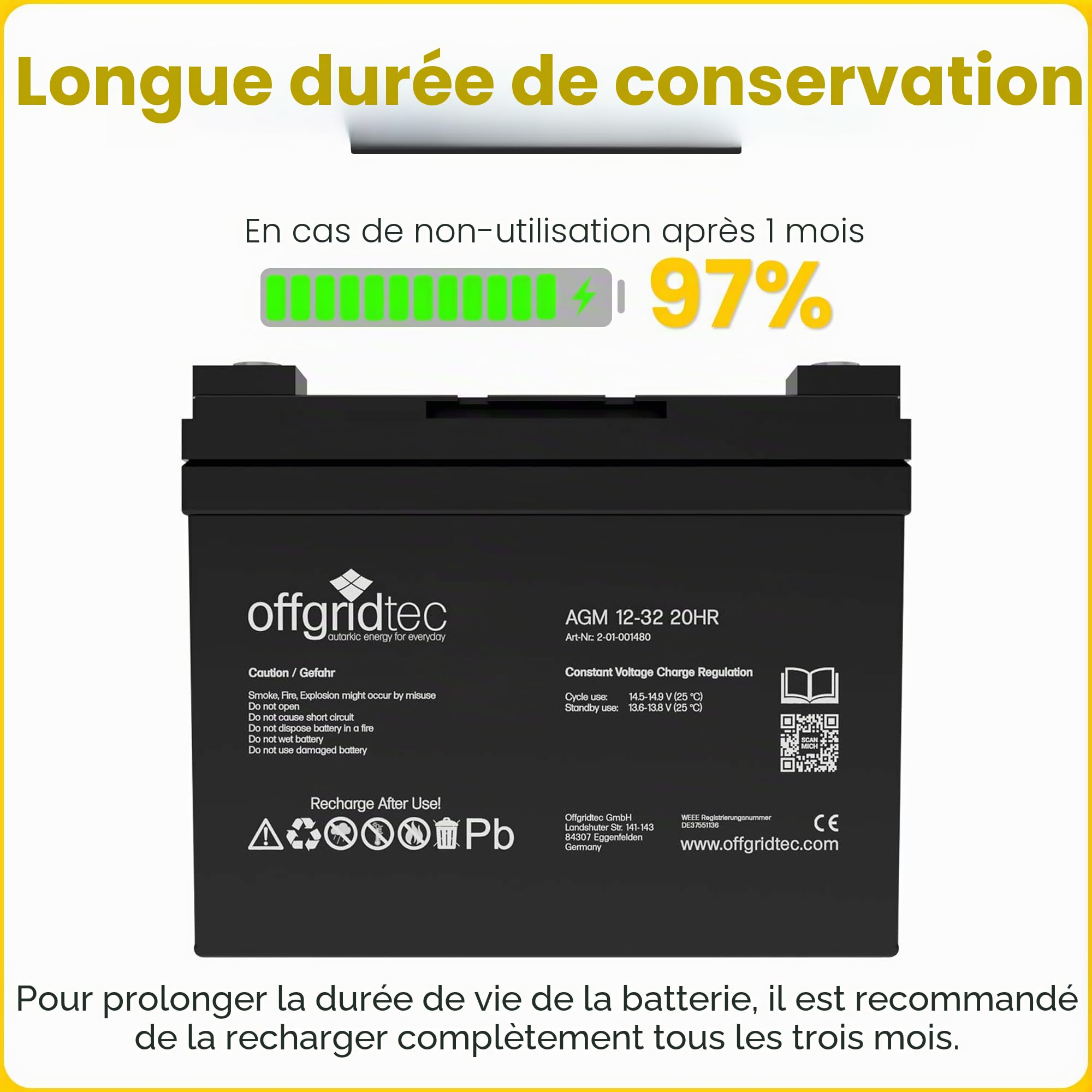 Offgridtec 32 Ah 12 V AGM Batterie solaire pour applications cyclique, 2–01–001480