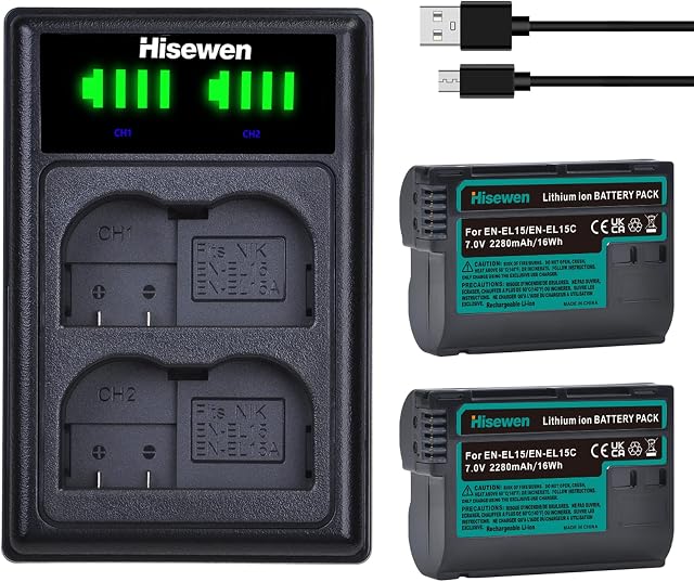 EN-EL15 EN EL15a/EL15b/EL15c 2 Pack Battery and Hisewen Dual Charger with Type-C port for Nikon D850, D750, D810, D7500, Z6, Z7, D7200, D7100, D7000, 1 V1, D500, D600, D610, D800, D800E, D810A Camera