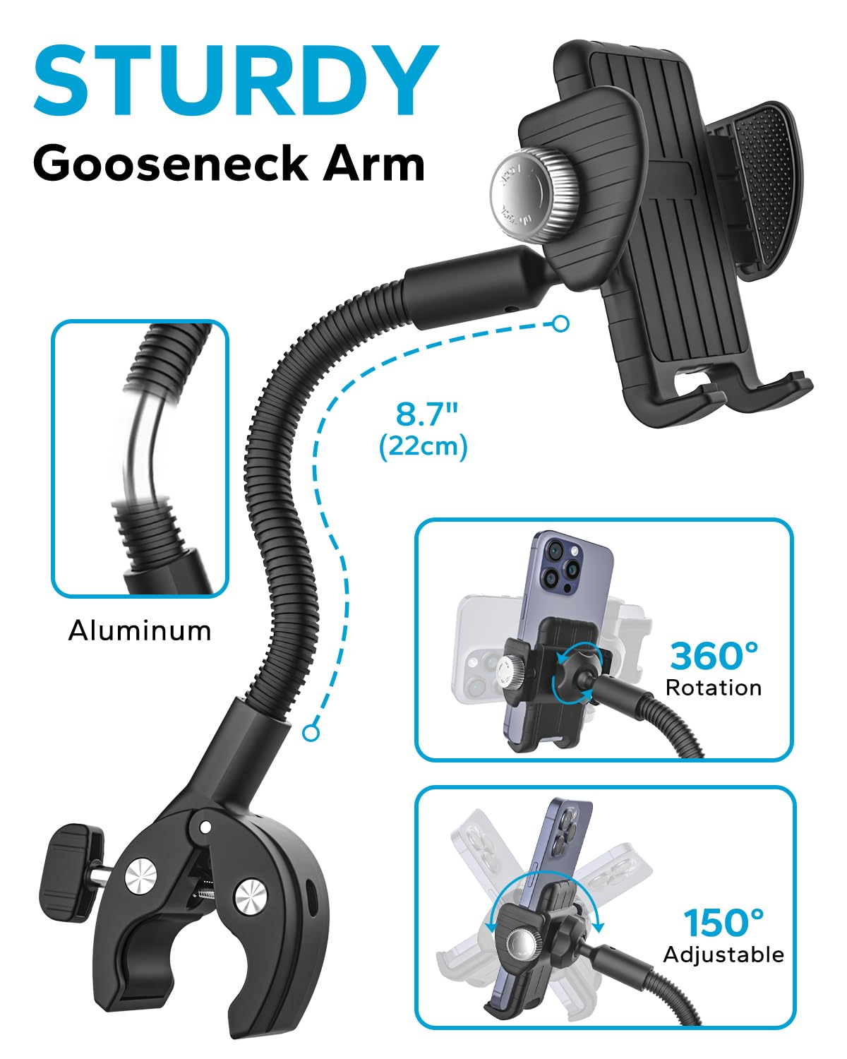 Support de téléphone pour poussette de fauteuil roulant, support de téléphone en col de cygne pour vélo, support de téléphone pour tapis de course, vélo d'appartement, compatible avec iPhone 16 Pro