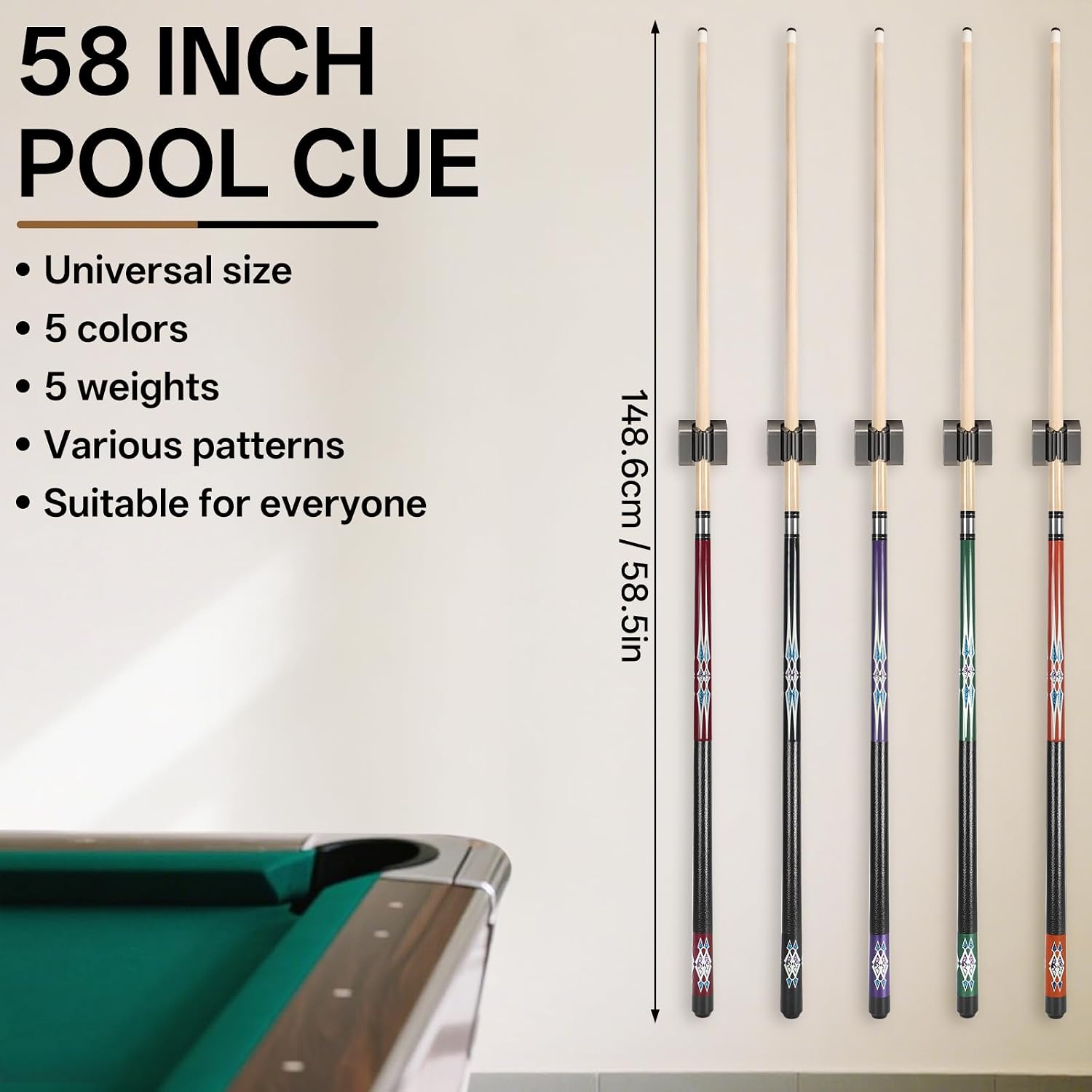 Kmise Pool Stick Set of 5, 58" Canadian Maple Pool Cue Stick, Professional Pool Sticks for Adults, 18~21oz Billiards Pool Cue 5 Colors