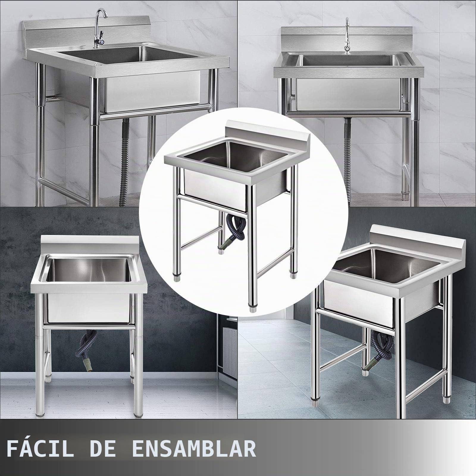 VEVOR - Fregadero de acero inoxidable para cocina, 1 bandeja para fregadero en patas de acero inoxidable antisalpicaduras, lavabo de acero inoxidable profesional para hacer la inmersión, cocina de