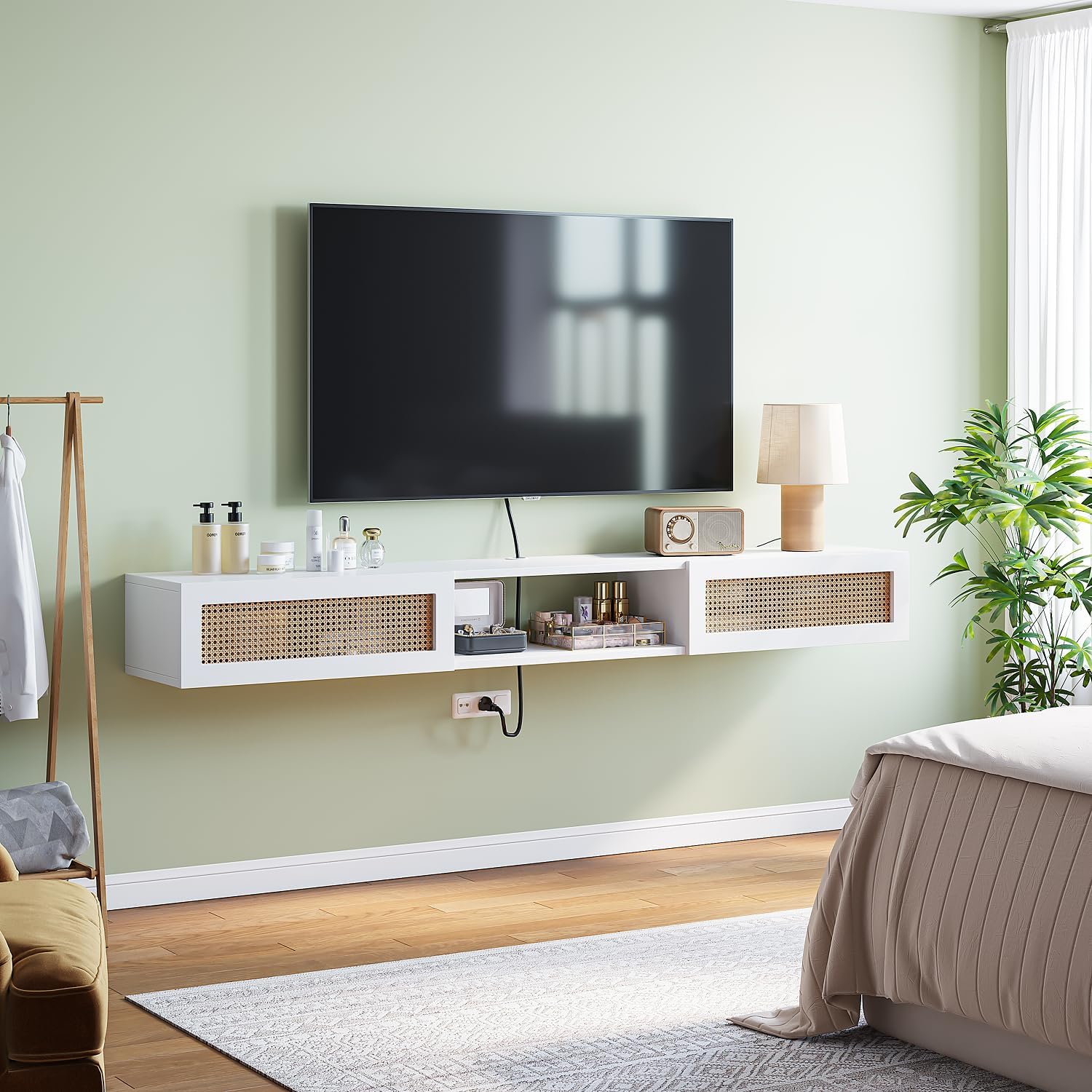 FurniNova 70" Floating TV Stand with Natural Rattan Doors, Boho Wall Mounted Media Console for 75 80 85 inch TV, Extra Long Entertainment Center with 3 Cabinets, Storage & Cable Holes, White