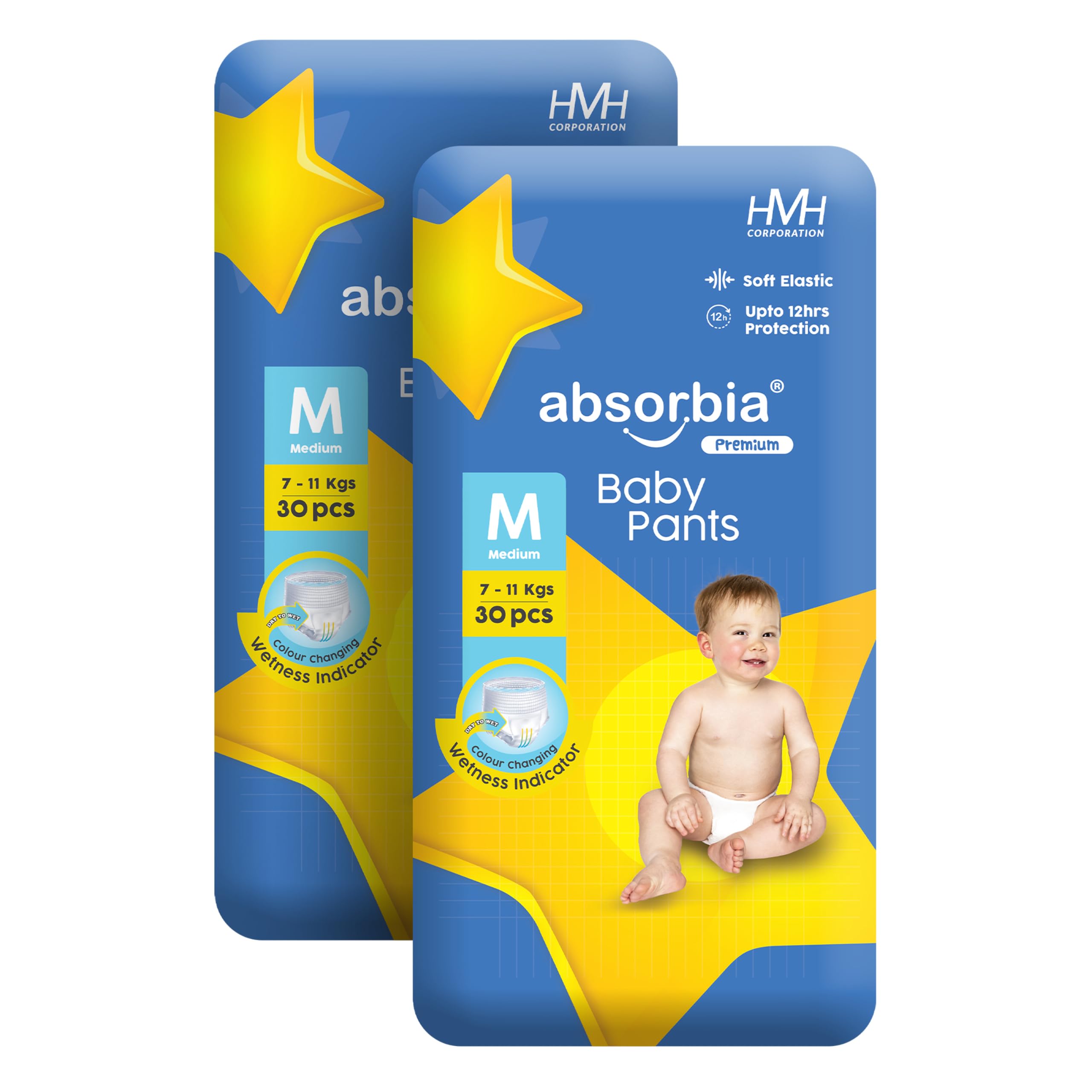Absorbia Baby Pant Diaper Medium (M) 7-11 Kg, 60s x Pack of 2 | Up to 12Hrs Protection | Cottony Soft Comfort for Sensitive Skin | Wetness Indicator | High Absorbancy | Wider pee distribution-image-46
