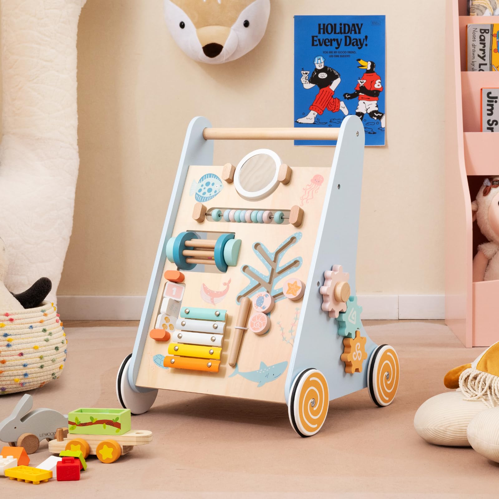 COSTWAY Andador Bebés de Madera 8 en 1, Carrito Correpasillos con juguetes y actividades, Caminador para Bebé Montessori con Ruedas, Tacata Bebe con Accesorios