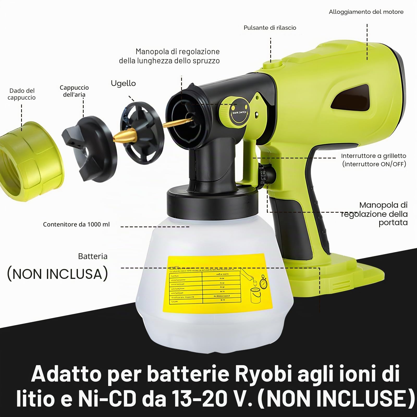 Spruzzatore di vernice senza fili per Ryobi 18 V, pistola a spruzzo elettrica HVLP portatile con 4 ugelli, contenitore da 1000 ml per pareti, recinzioni, casa fai da te pittura domestica
