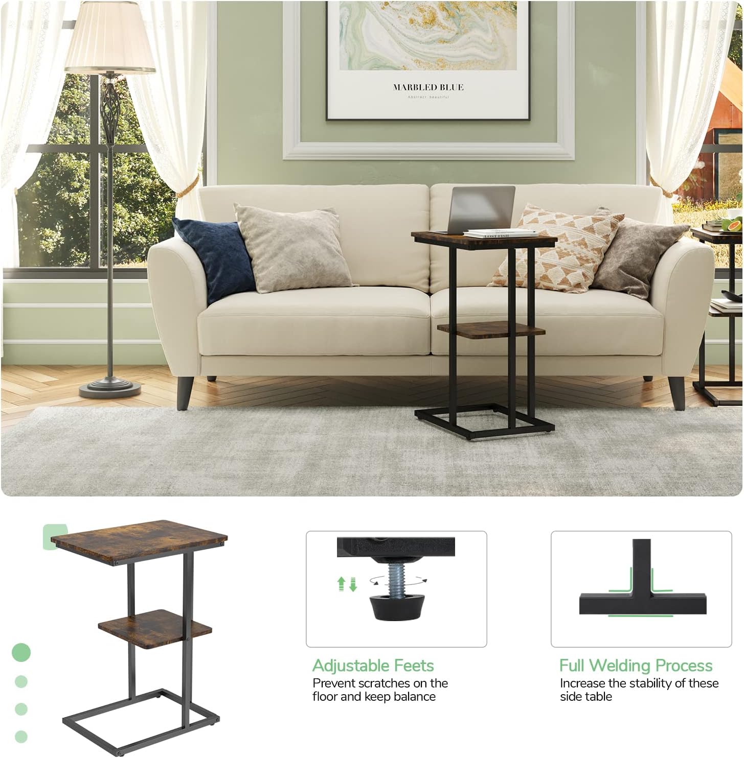 Novilla Snack Side Table C Shaped End Table Couch Table for Living Room Bedroom, Small Side Table with Metal Frame, Rustic Brown