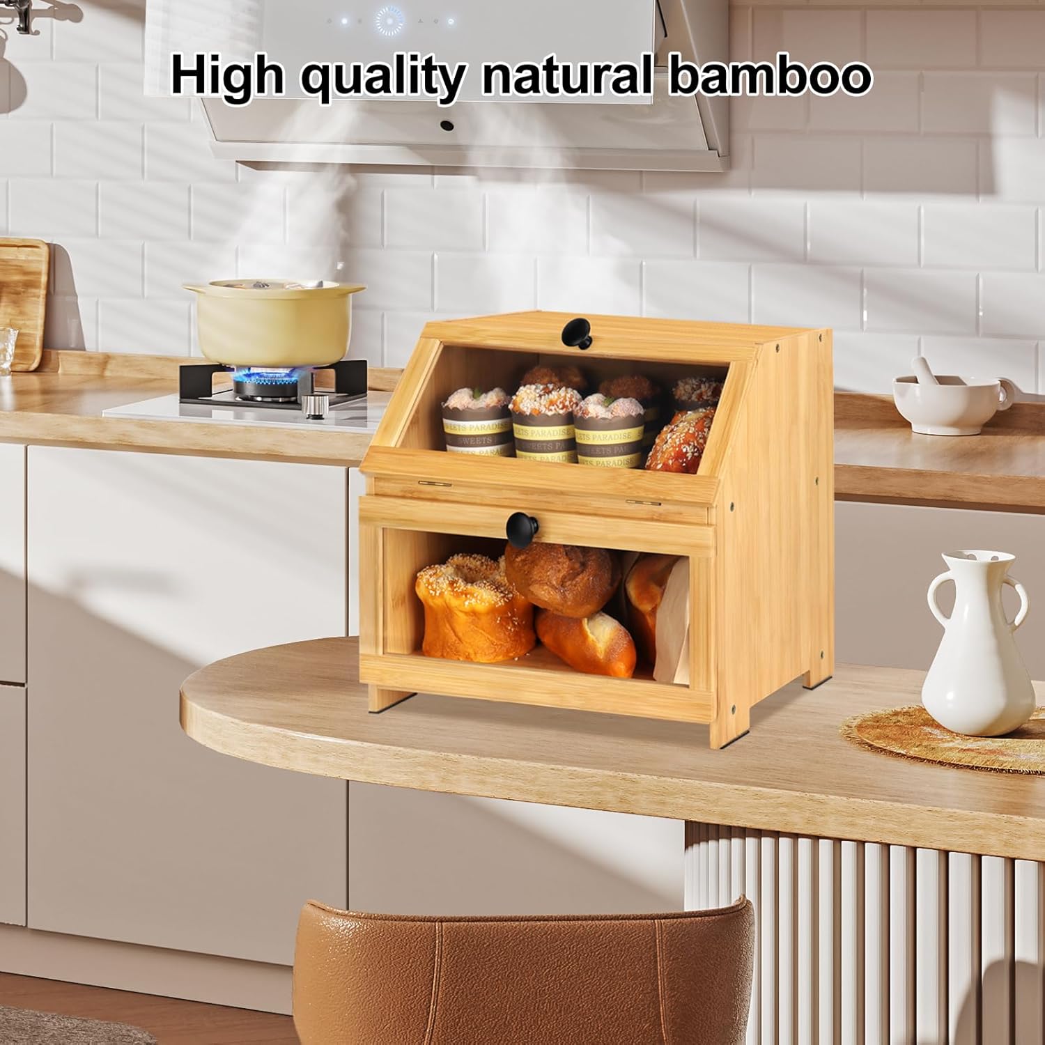 Bamboo Bread Box for Kitchen Countertop, Large Bread Storage Container Bin 2 Layer Breadbox Holder for Kitchen Counter, Cabinet, Pantry, Cupboard (Natural)