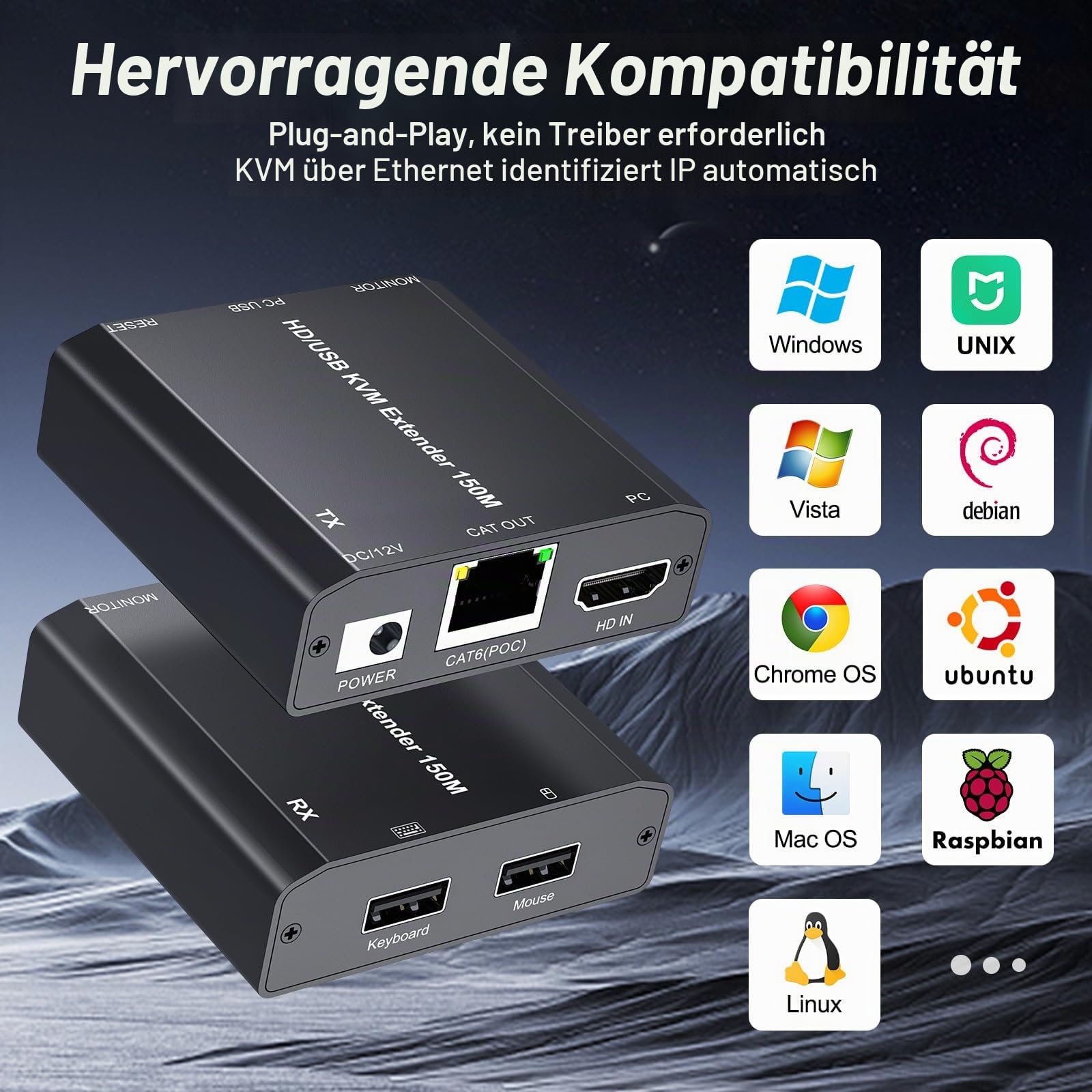 HDMI USB KVM Extender, KVM USB HDMI Extender over CAT6 / CAT5e up to 150M, Lossless Latency, Plug and Play, 1080P@60Hz, Loop Out, POE, Mouse and Keyboard Remote Control PC