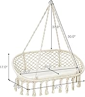 Vista 8 de Giantex Silla hamaca de 2 asientos, silla colgante de macramé con cojín, cuerdas de algodón colgantes, marco de metal, columpio