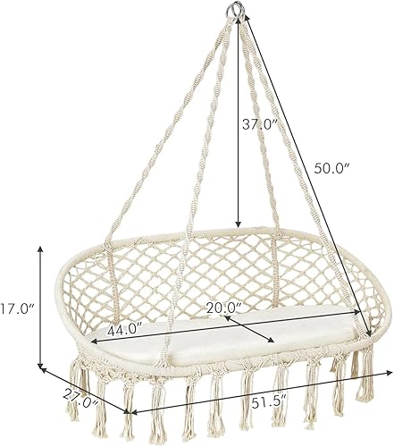 Miniatura 8 de Giantex Silla hamaca de 2 asientos, silla colgante de macramé con cojín, cuerdas de algodón colgantes, marco de metal, capacidad de 330 libras para