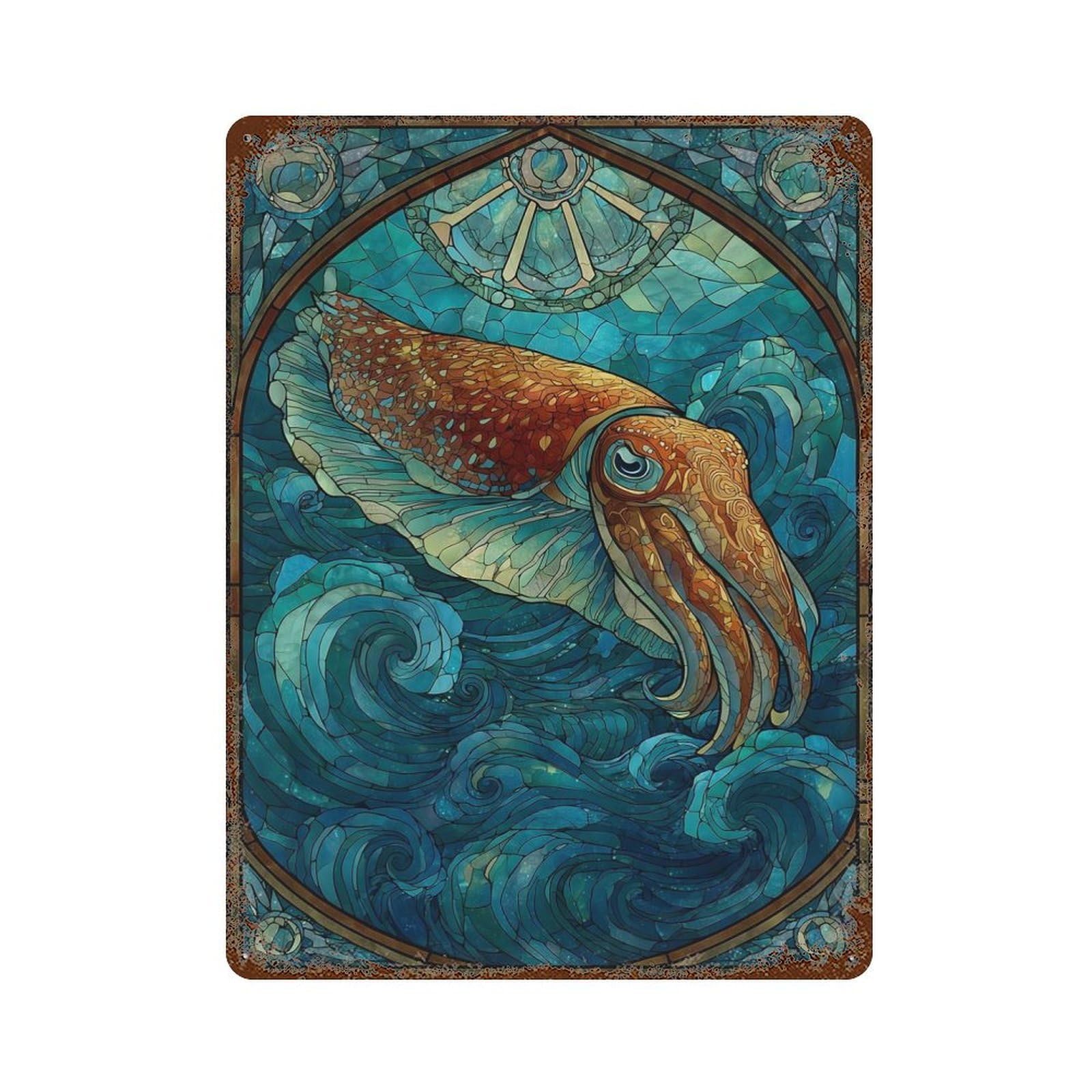 Stained Glass Cuttlefish in Ocean Rusty Metal Tin Sign 15.7"x11.8", for Basement, Hobby Room And Garage Decor, Retro Wall Decor