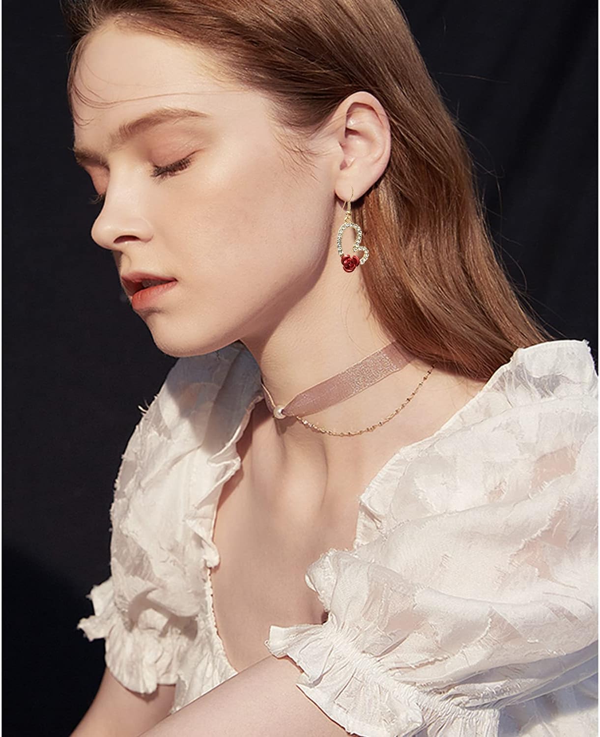 ANDPAI Vintage Wine Red 3D Rose Dangle Drop Earrings for Women Statement Heart Dangle Earrings with Crystal Rhinestone Valentine's Day Gifts - Image 5