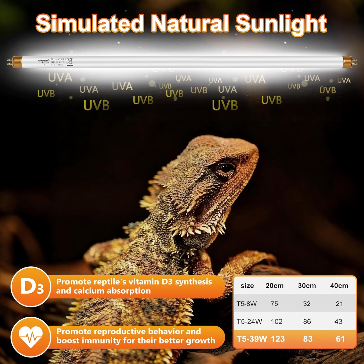 T5 UVB Reptile Light HO UVB Lighting Bulb 3 Pack, 10.0 39W UVB Light for Reptiles UVA UVB Desert Lamp Reptile Light Bar for Bearded Dragon Turtle Tank