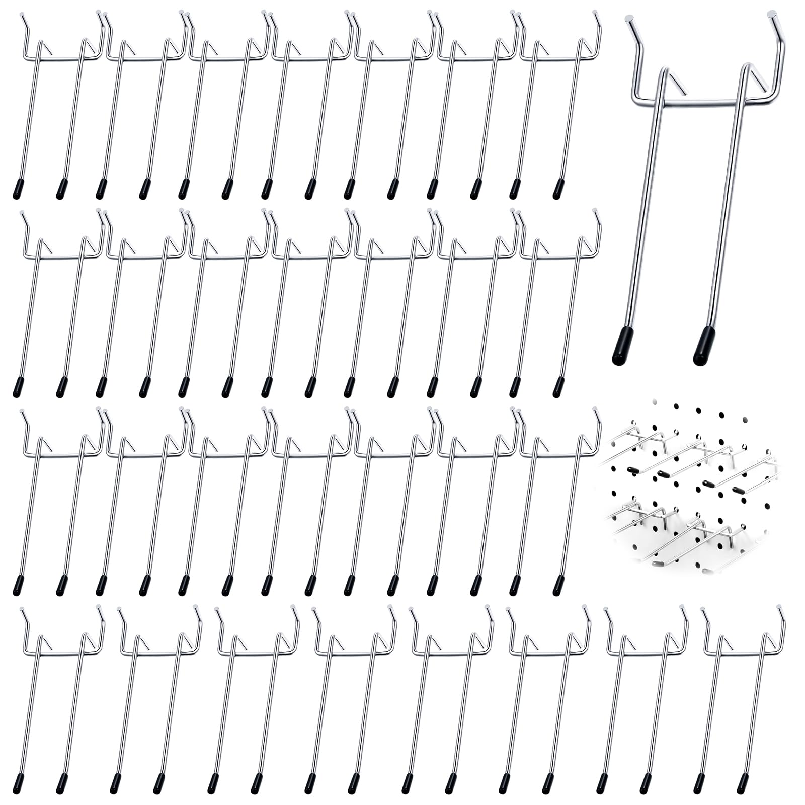 Yauhar 30Pcs 5 Inch Double Arm Peg Board Hooks for 1/4" Pegboard, Metal Gridwall Hanger Utility Hooks with Rubber Protecting Tip for Garage Kitchen Home Retail Display