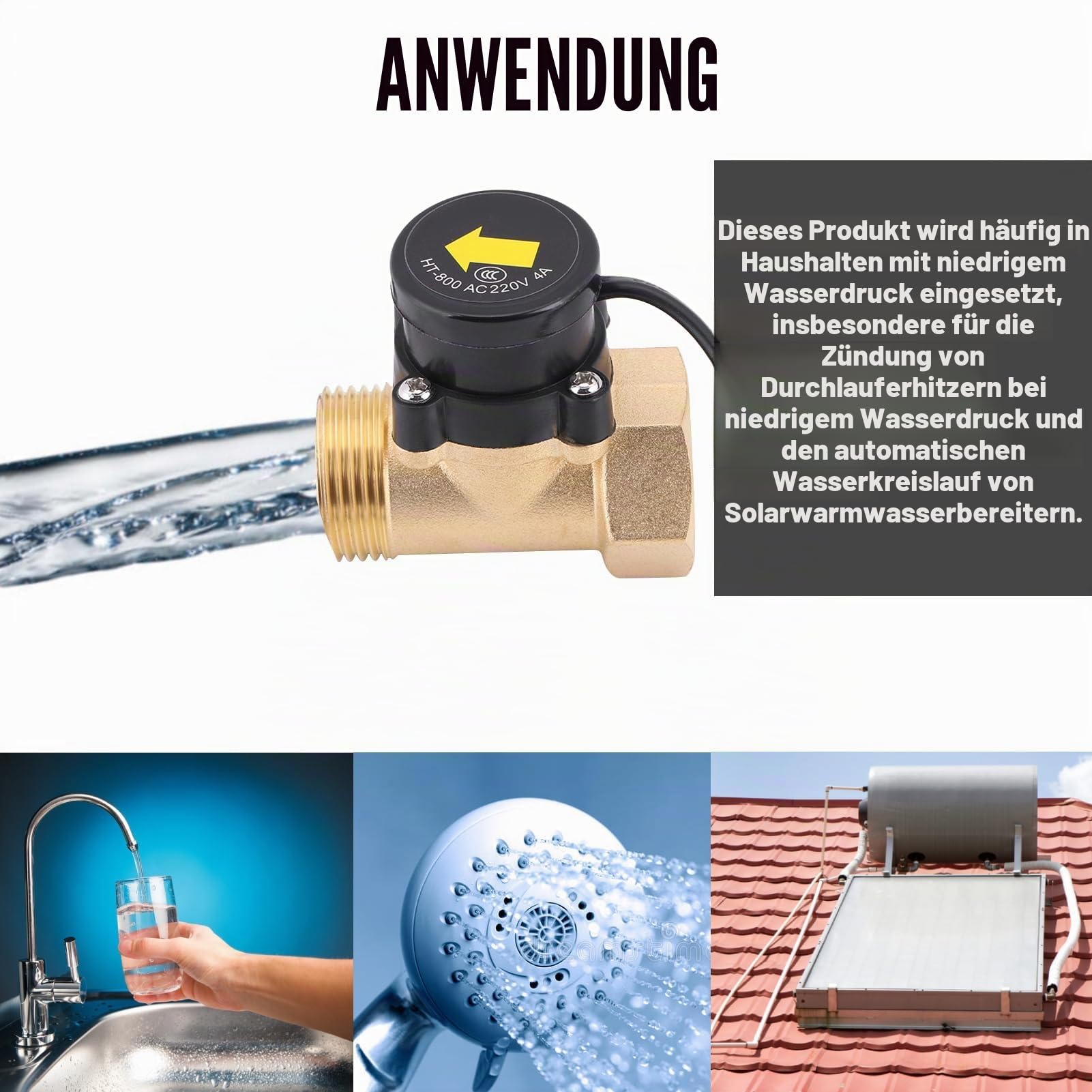 Wasserdurchflussschalter HT-800 Strömungswächter G1 Gewinde 220V Automatischer Steuerschalter für Warmwasserbereiter und Solaranlagen