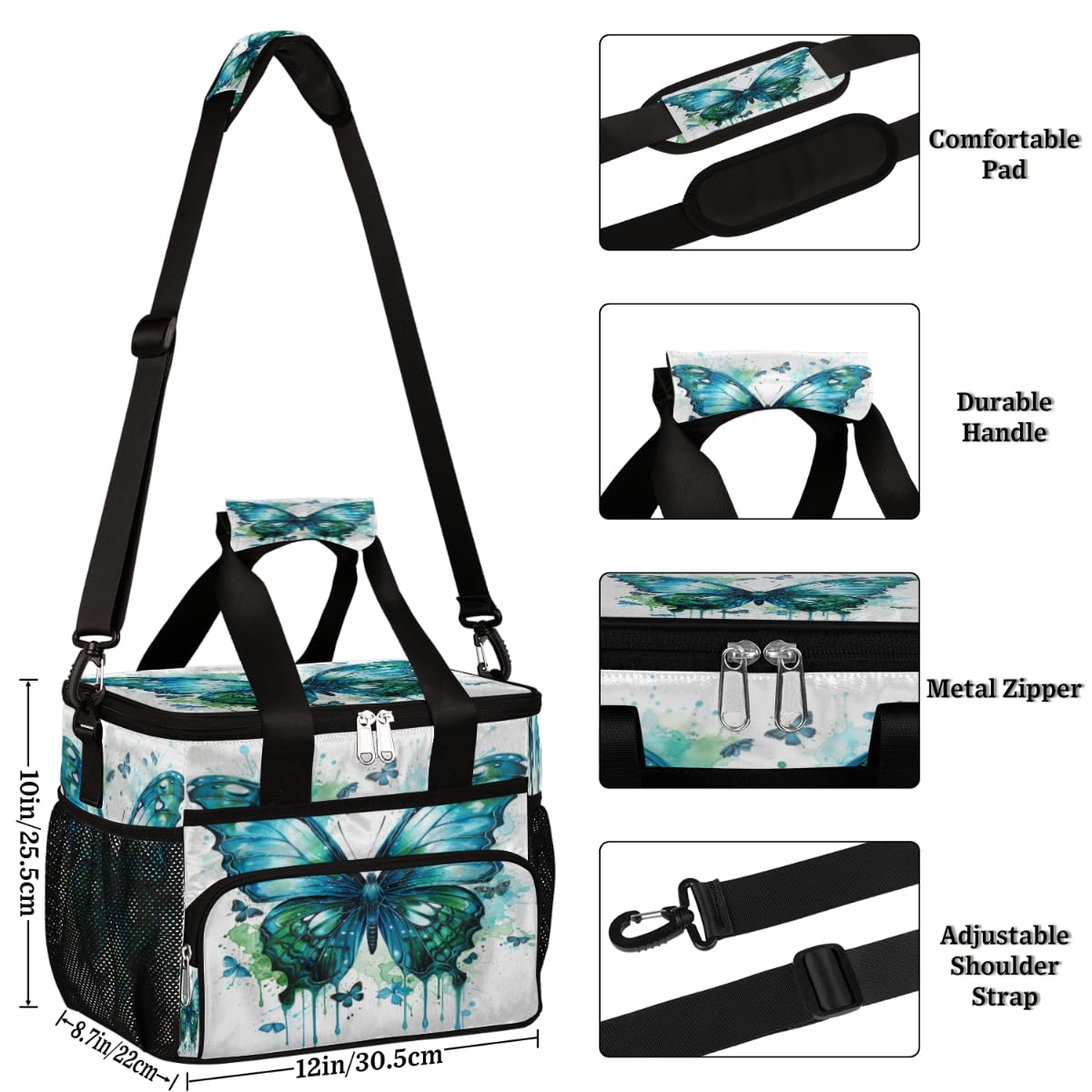 Butterflies Insulated Picnic Backpack Lunch Box for Women Men Picnic Basket Tote Lunch Bag Picnic Bag Portable Lunch Bags for Picnic, Beach, Work, Trip,Office, Camp Watercolor Butterfly